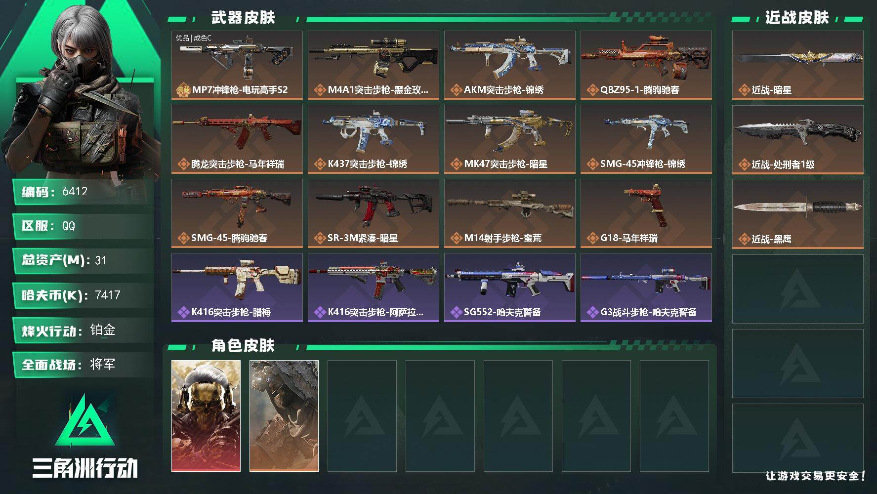 三角洲行动账号QQ总资产(M)：31M/哈夫币(K)：7417K/哈夫币(K)：7417K/传说枪皮数：12/全面战场