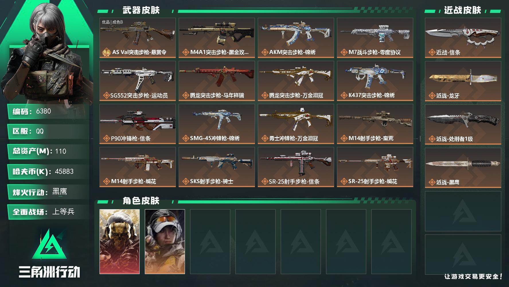三角洲行动账号QQ总资产(M)：110M/哈夫币(K)：45883K/哈夫币(K)：45883K/传说枪皮数：19/全