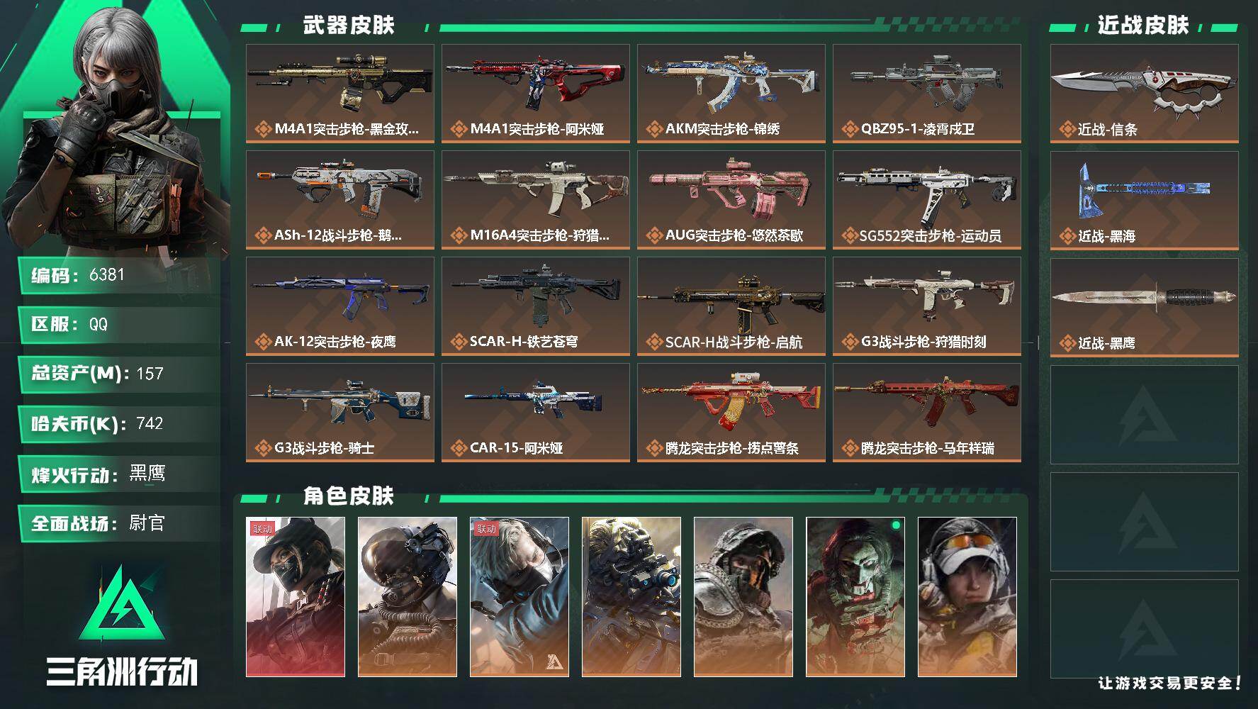 三角洲行动账号QQ总资产(M)：157M/哈夫币(K)：742K/哈夫币(K)：742K/传说枪皮数：43/全面战场等