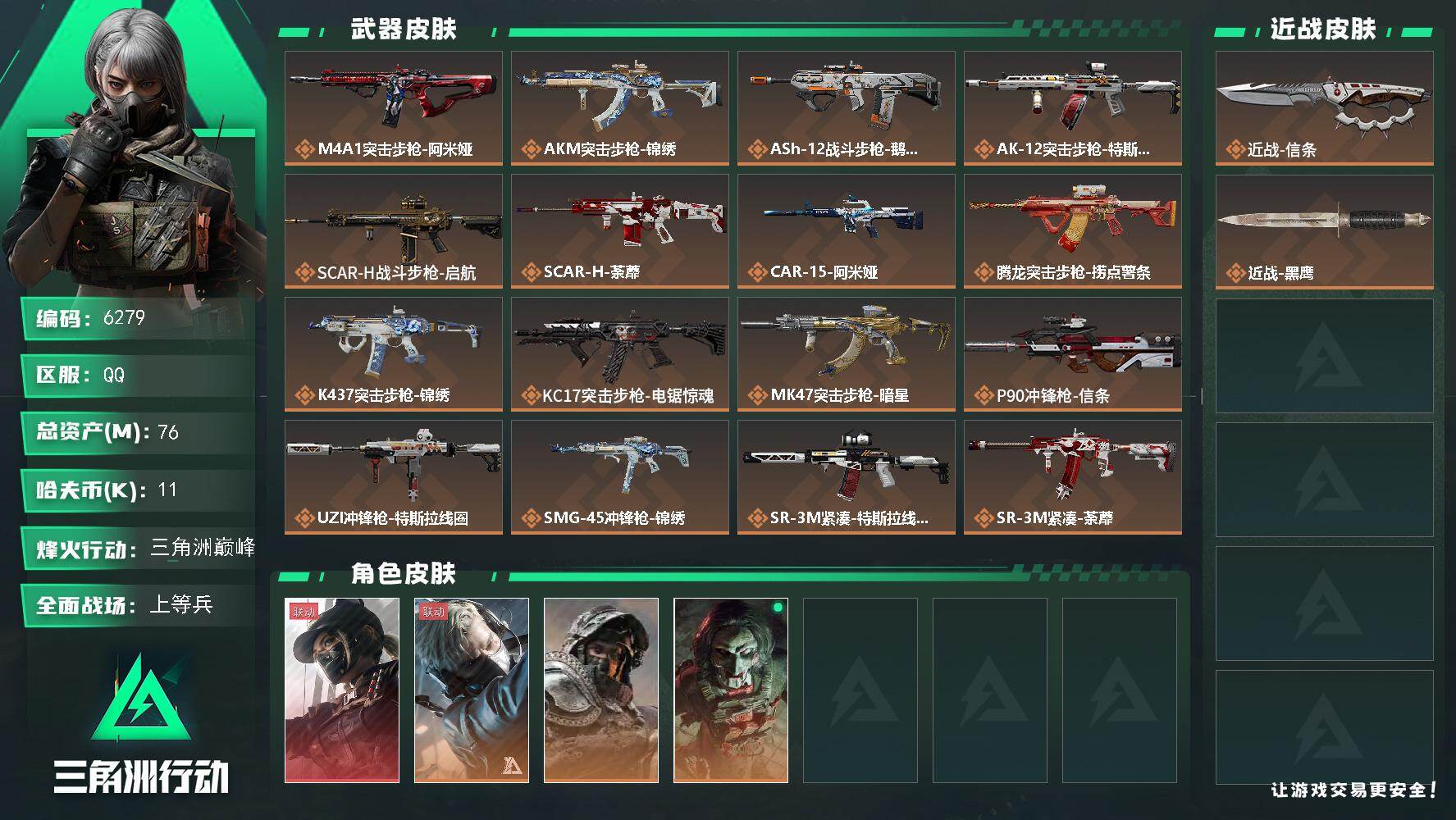 三角洲行动账号QQ总资产(M)：76M/哈夫币(K)：11K/哈夫币(K)：11K/传说枪皮数：31/全面战场等级：5