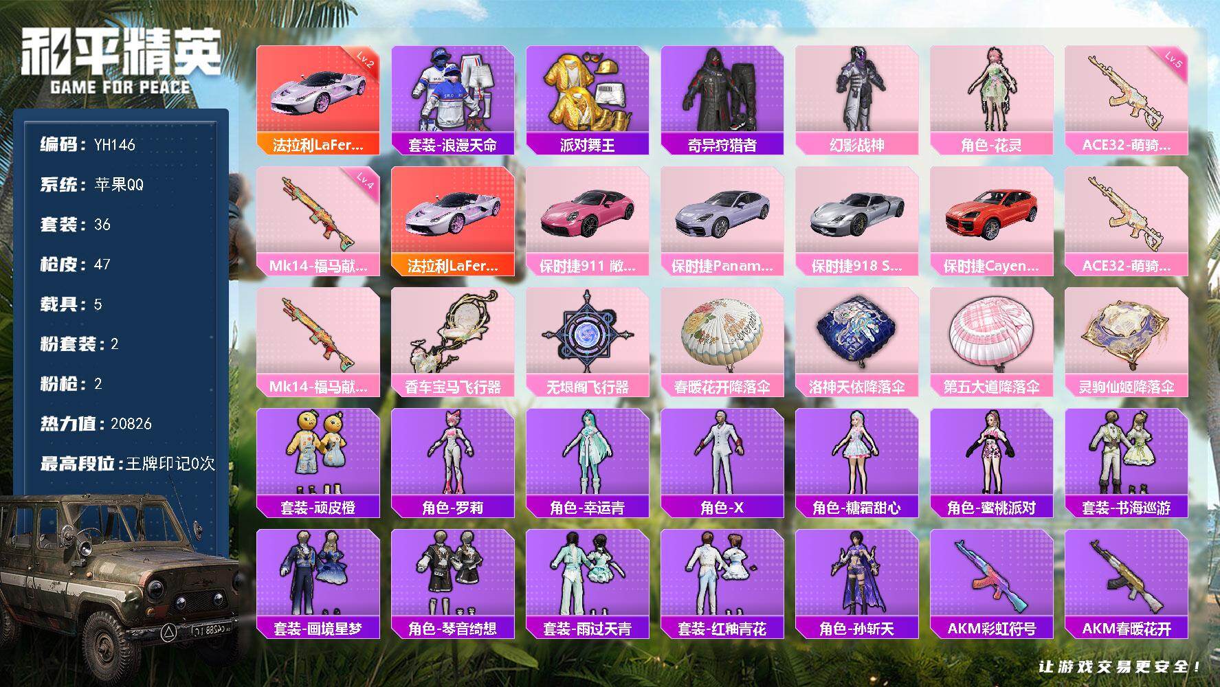 和平精英账号苹果QQ5载具-36套装-47枪皮-苹果 手Q-2粉装-2特效枪-5载具-3粉色飞行器-20826热力值-2