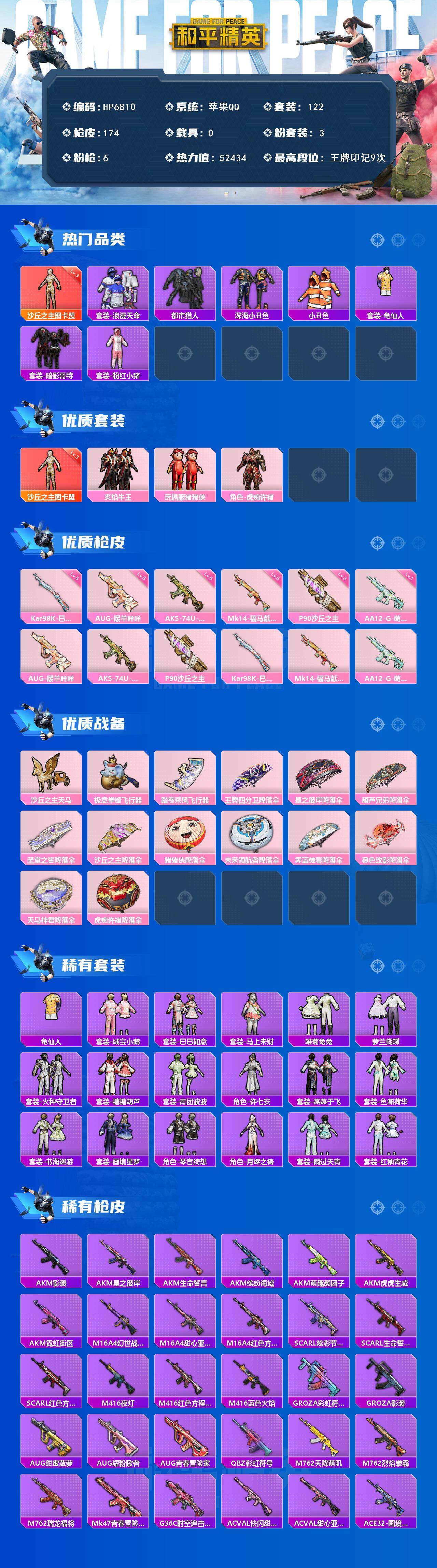 和平精英账号苹果QQ素材号-地铁满天赋-图卡盟3级/AUG暖羊咩咩5级/深海小丑鱼/小丑鱼/都市/暗夜魅影/粉红小猪/浪