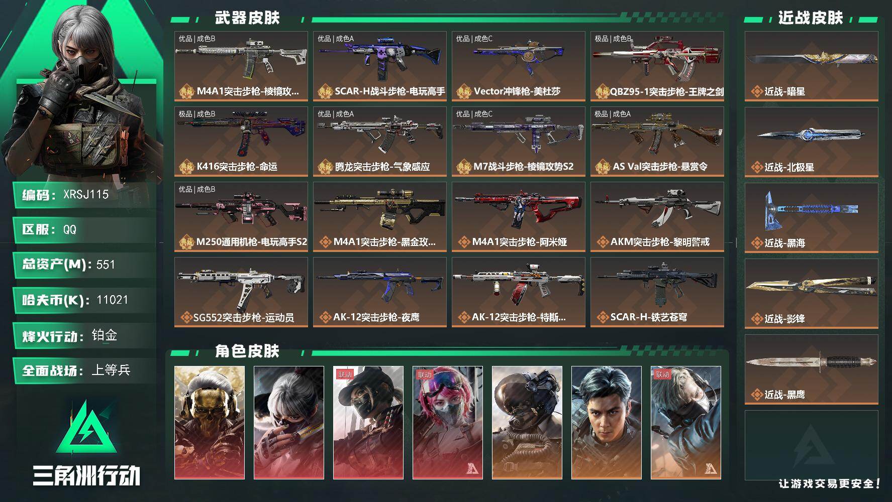 三角洲行动账号QQ【XRSJ115】总资产(M)：551M/哈夫币(K)：11021K/哈夫币(K)：11021K/传说枪皮数：46/全面战场等级：29_段位：上等兵/烽火地带等级：60_段位：铂金/红狼-蚀金玫瑰/