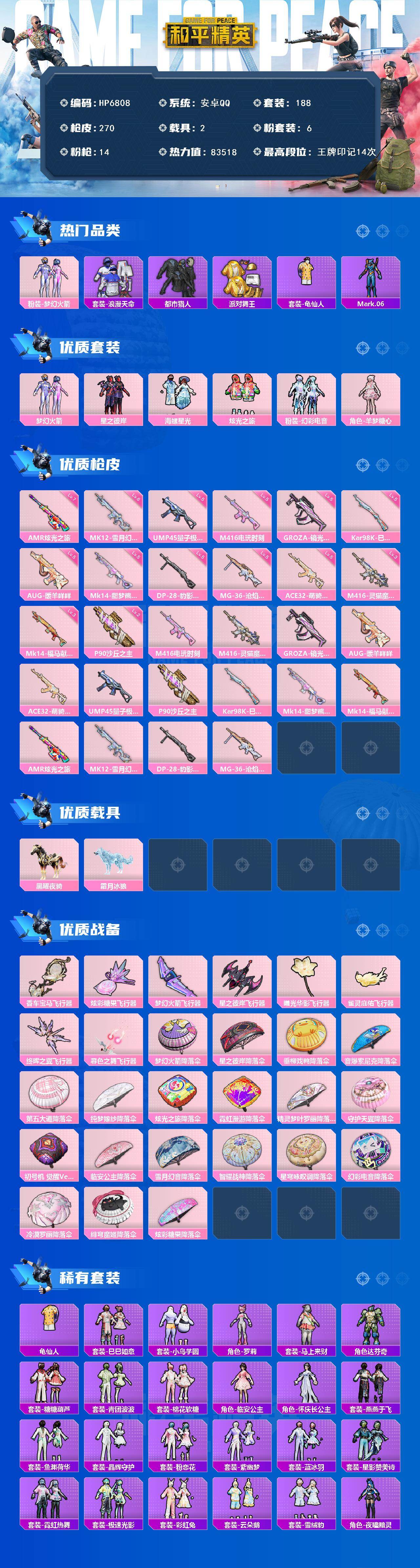 和平精英账号安卓QQ身法号-羊梦糖心/AUG暖羊咩咩5级/M4电玩时刻5级/M4灵猫魔法师3级/蓝螳螂/派对舞王/都市/