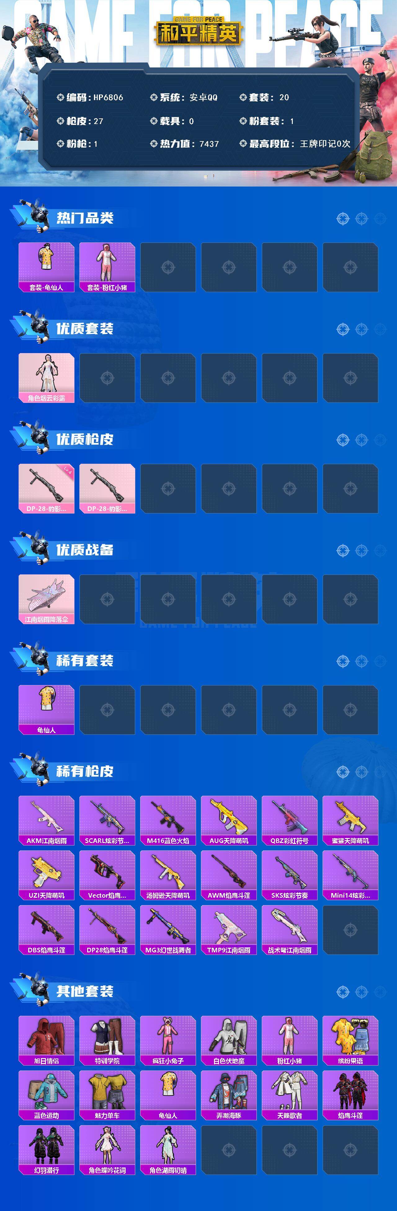 和平精英账号安卓QQ0载具-20套装-27枪皮-（1粉装-1粉枪）粉红小猪/烟云彩露/DP-28-豹影疾电[4级] 没战