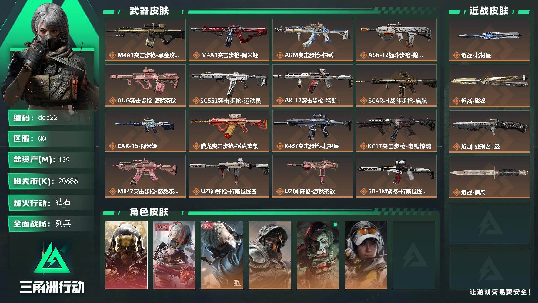 三角洲行动账号QQ139m总资产-20686k哈伏币-60烽火等级-钻石-18战场等级-列兵
【干员外观】：红狼-蚀金玫瑰，骇爪-维什戴尔，蜂医-送葬人·无题密令，深蓝-不破誓约，红狼-电锯惊魂，露娜-金牌射手
【近战