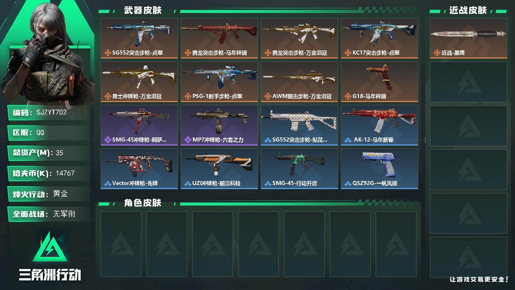 三角洲行动账号QQ【SJZYT702】总资产(M)：35M/哈夫币(K)：14767K/哈夫币(K)：14767K/传说枪皮数：8/全面战场等级：1_段位：无段位/烽火地带等级：45_段位：黄金/近战-黑鹰/SG55