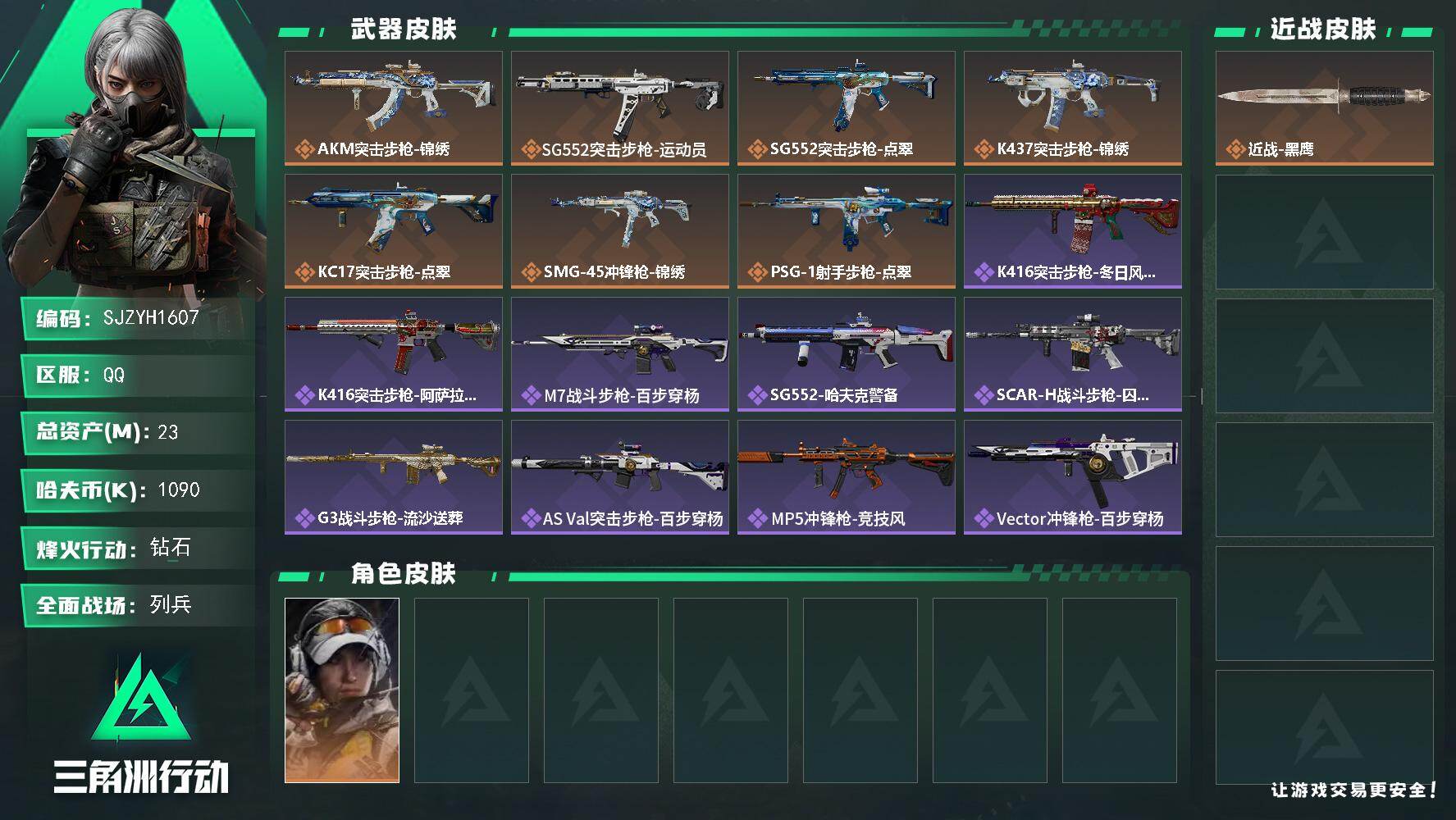 三角洲行动账号QQ【SJZYH1607】总资产(M)：23M/哈夫币(K)：1090K/哈夫币(K)：1090K/传说枪皮数：7/全面战场等级：15_段位：列兵/烽火地带等级：60_段位：钻石/露娜-金牌射手/近战-