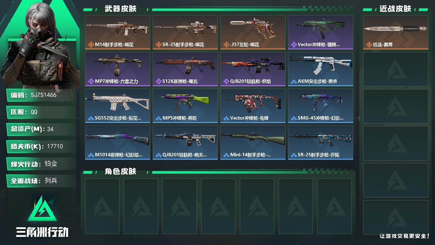 三角洲行动账号QQ【SJZS1466】总资产(M)：34M/哈夫币(K)：17710K/哈夫币(K)：17710K/传说枪皮数：3/全面战场等级：11_段位：列兵/烽火地带等级：27_段位：铂金/近战-黑鹰/M14射