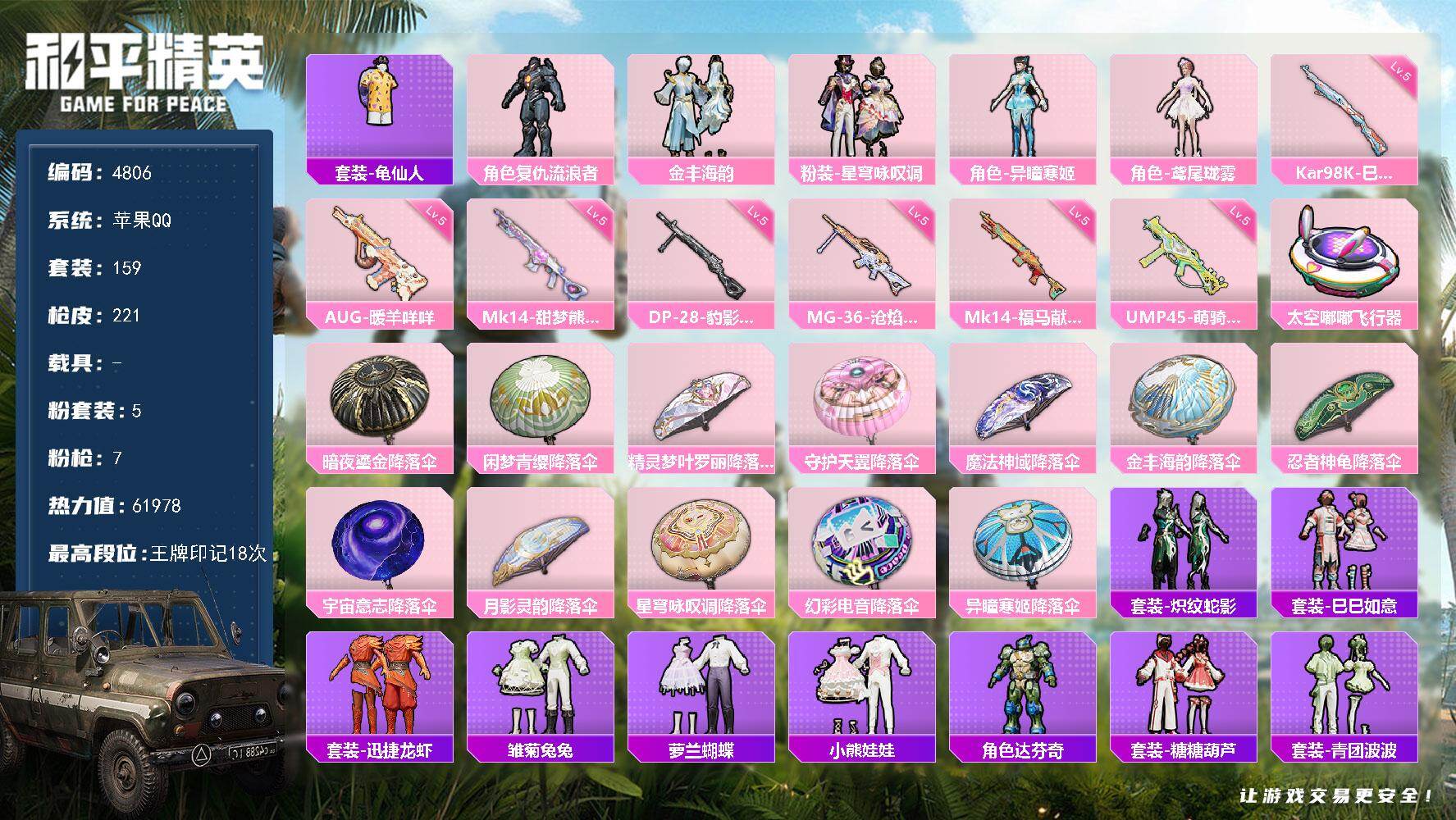 和平精英账号苹果QQ159套装/枪械7/装备270/战备173/王牌印记18/热力值61978/五级AUG-暖羊咩咩/五