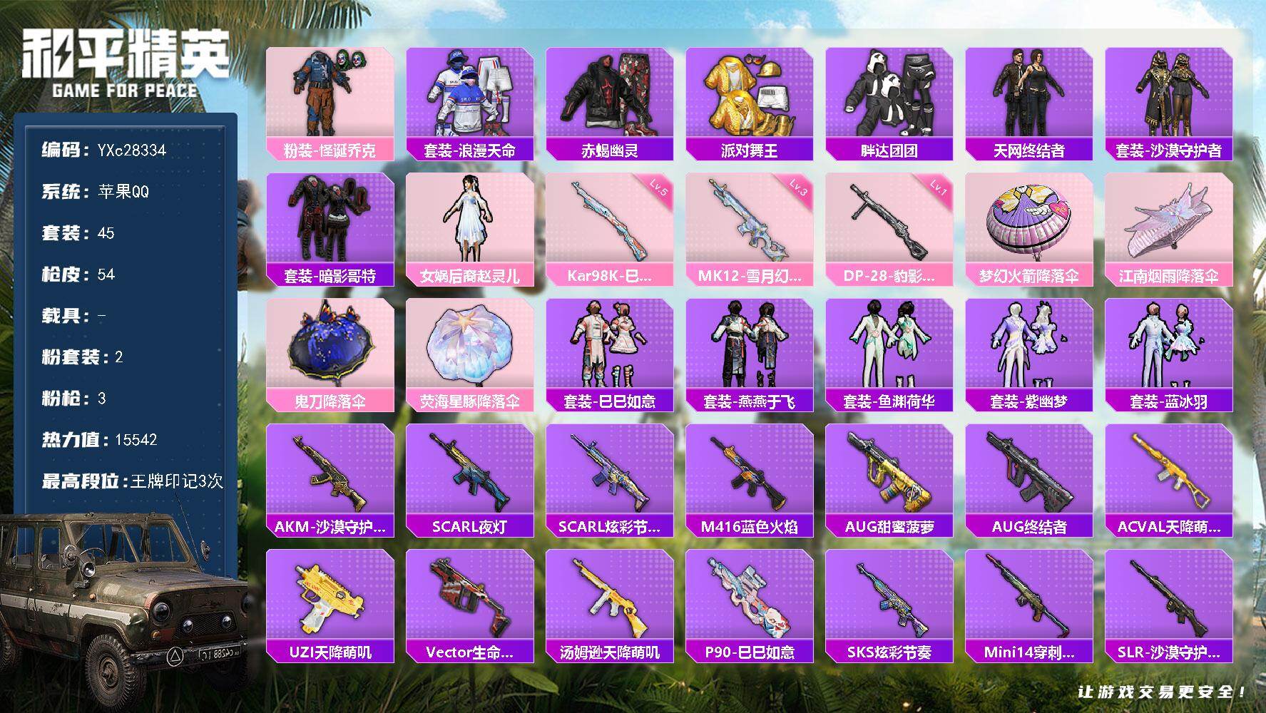 和平精英账号苹果QQ【精氪素材号！赤蝎 天网 金鞋 赵灵儿 怪诞 黑丝 胖达 哥特 粉熊包 满地铁天赋】YXc28334