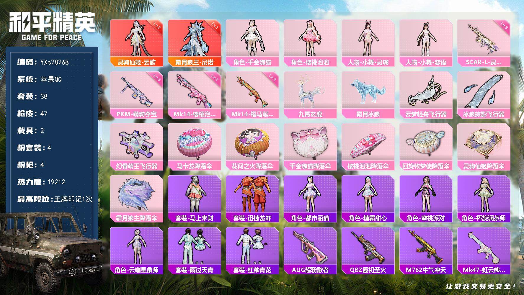 和平精英账号苹果QQ【2级仙姬 尼诺】【连体王者330皮肤 2典藏 3珍品 8传说】YXc28268-【可二次】【因赛季