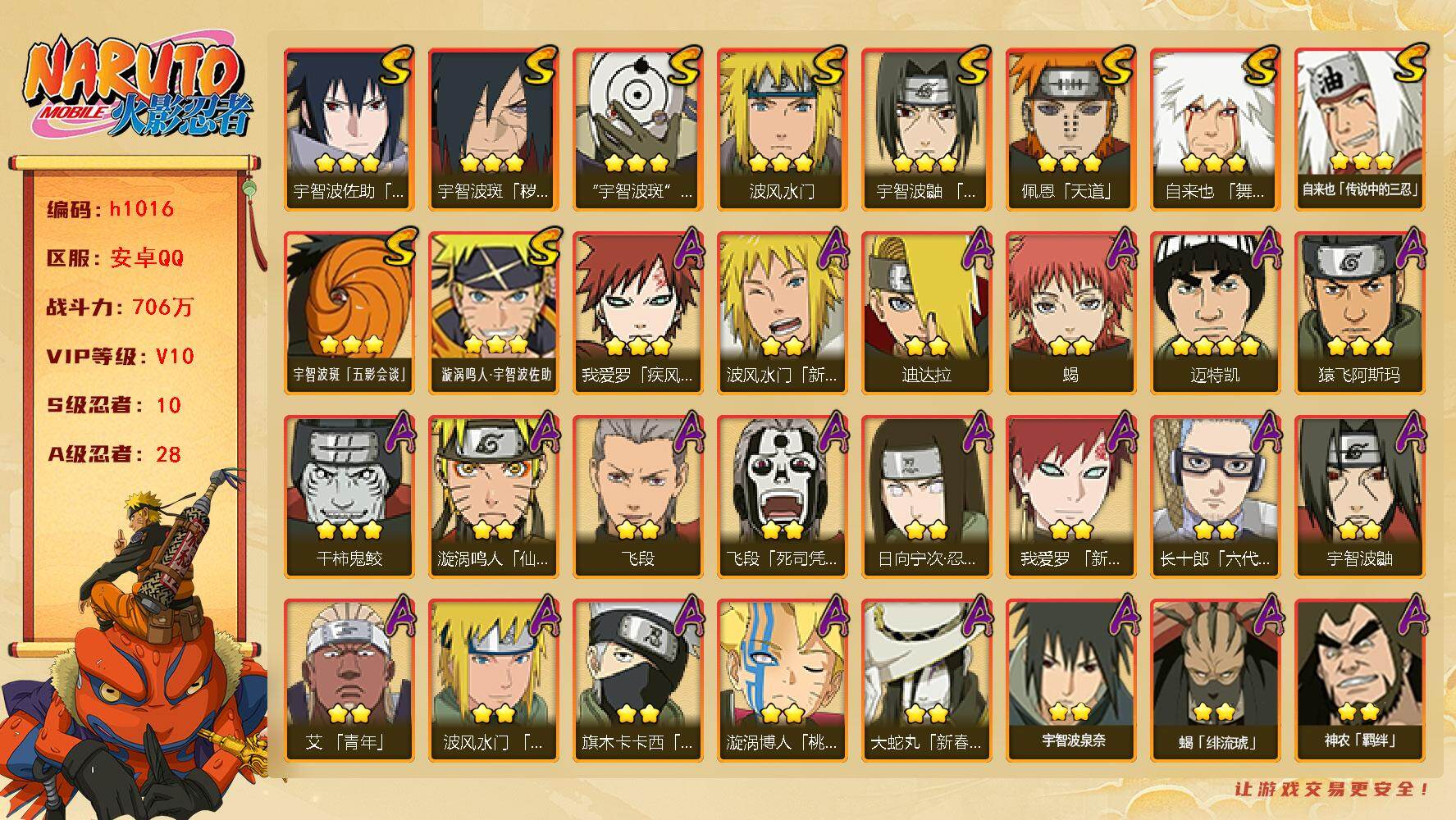 火影忍者账号安卓QQ10S级忍者数-28A级忍者数
【S级忍者】：宇智波斑「秽土转生·解」(3星)，宇智波鼬「须佐能乎」
