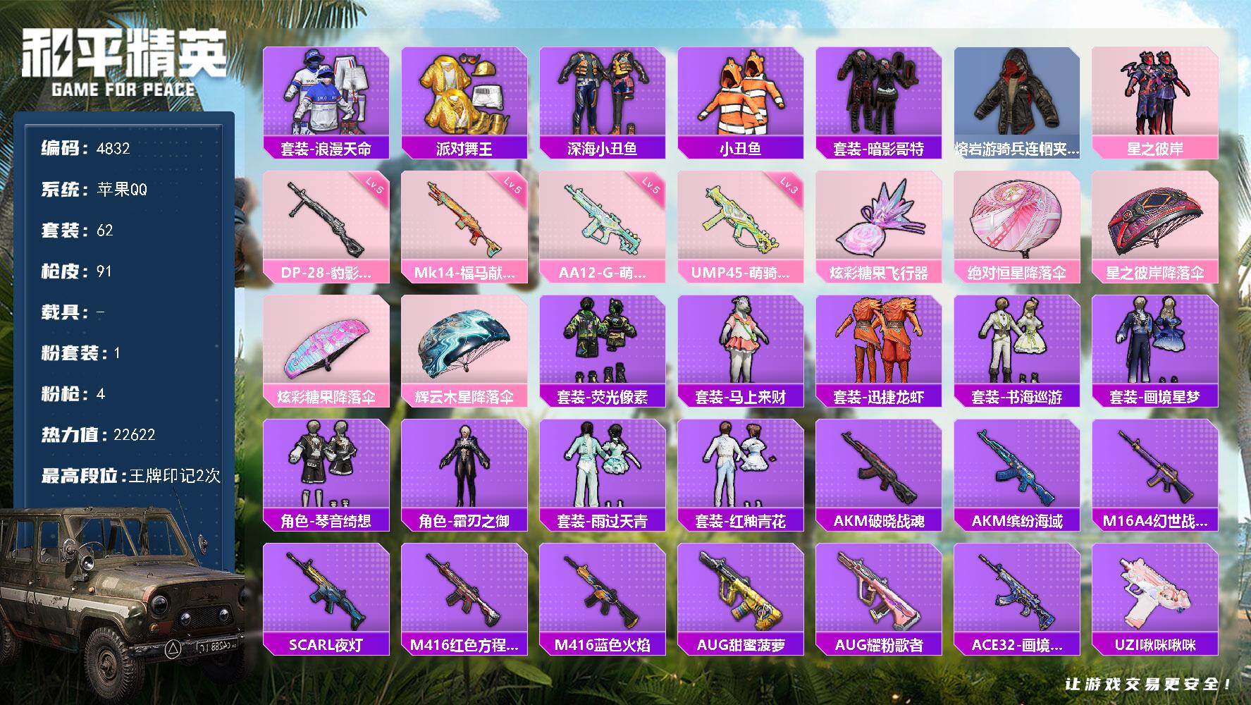 和平精英账号苹果QQ62套装/枪械4/装备108/战备61/王牌印记2/热力值22622/三级UMP45-萌骑冒险/五级