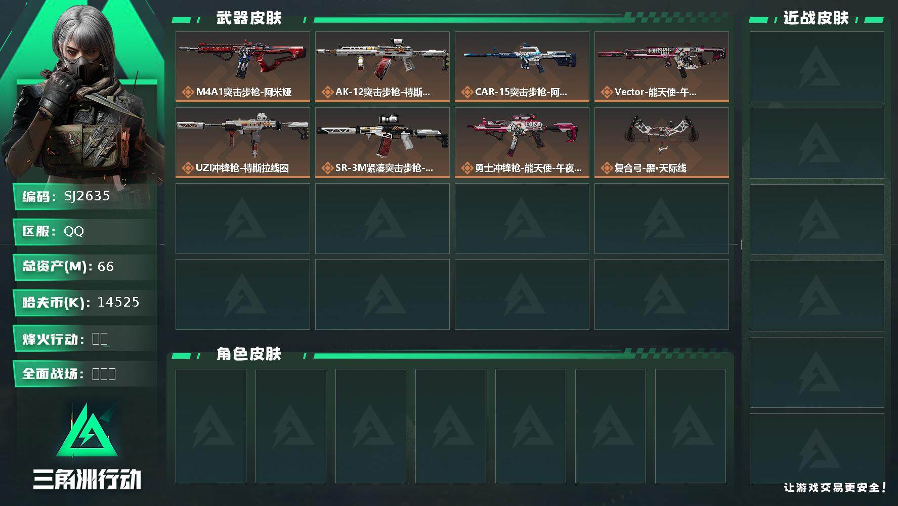 三角洲行动账号QQ【SJ2635】总资产(M)：66M/哈夫币(K)：14525K/哈夫币(K)：14525K/传说枪皮数：8/全面战场等级：21_段位：军士长/烽火地带等级：60_段位：黑鹰/近战-黑鹰/M4A1突