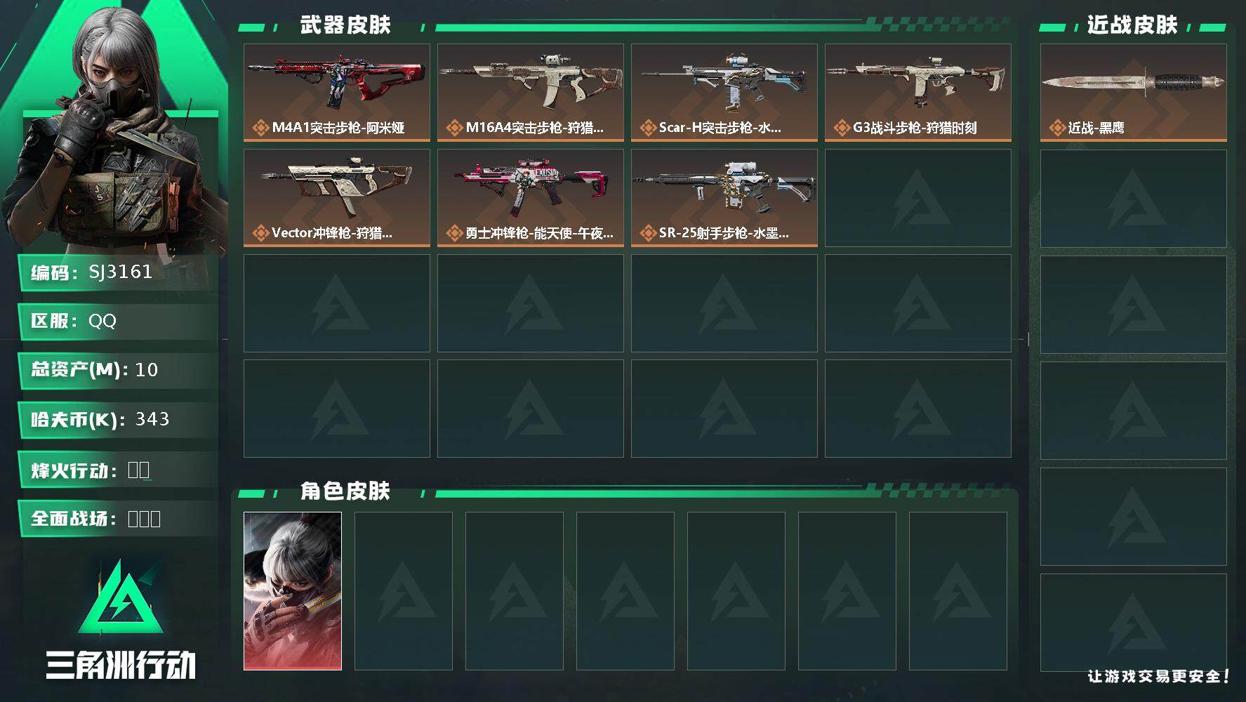 三角洲行动账号QQ【SJ3161】总资产(M)：10M/哈夫币(K)：343K/哈夫币(K)：343K/传说枪皮数：8