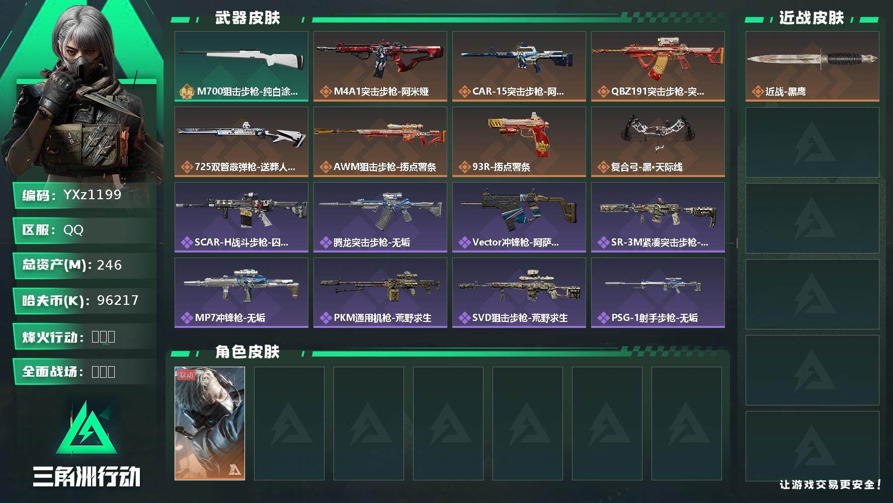 三角洲行动账号QQ【中额资产号246M+送葬人·无题密令.纯现金9621w.烽火满级.解锁所有地图.猛攻必备】【Q区三