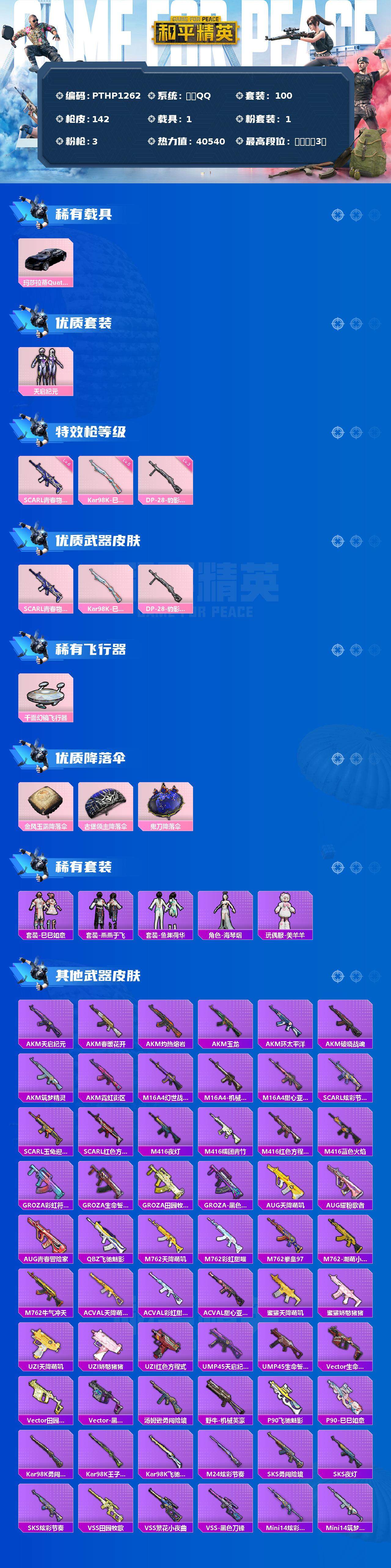 和平精英账号苹果QQ1载具-100套装-142枪皮-【PTHP1262】【限时秒杀】苹果 手Q-1粉装-3特效枪-1载具