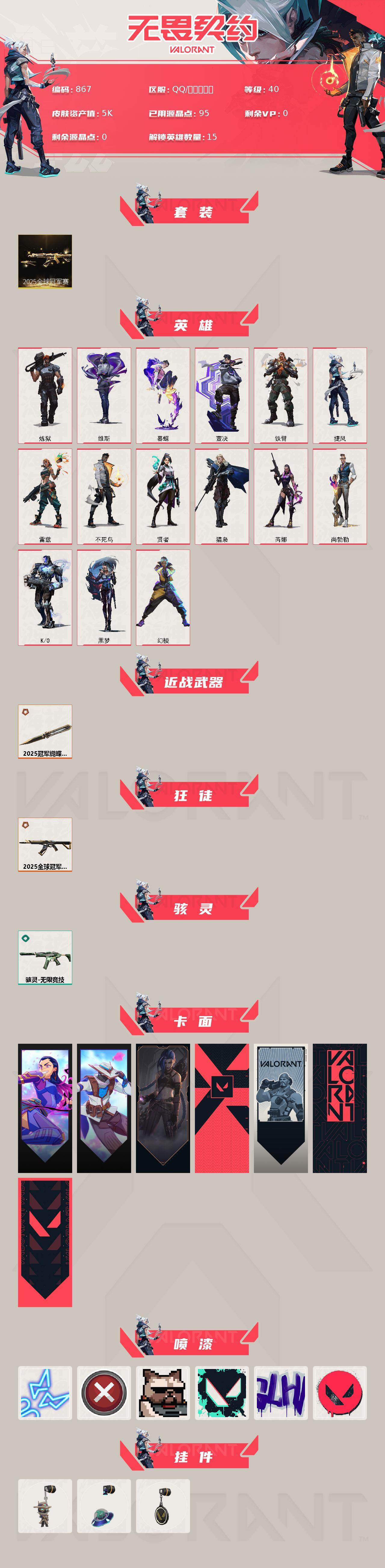无畏契约账号QQ【套装】：2025全球冠军赛套装
【英雄】：幻棱，炼狱，维斯，暮蝶，壹决，铁臂，捷风，雷兹，不死鸟，贤者，猎枭，芮娜，尚勃勒，K/O，黑梦
【近战 武器】：近战武器-2025全球冠军赛 蝴蝶刀
【狂