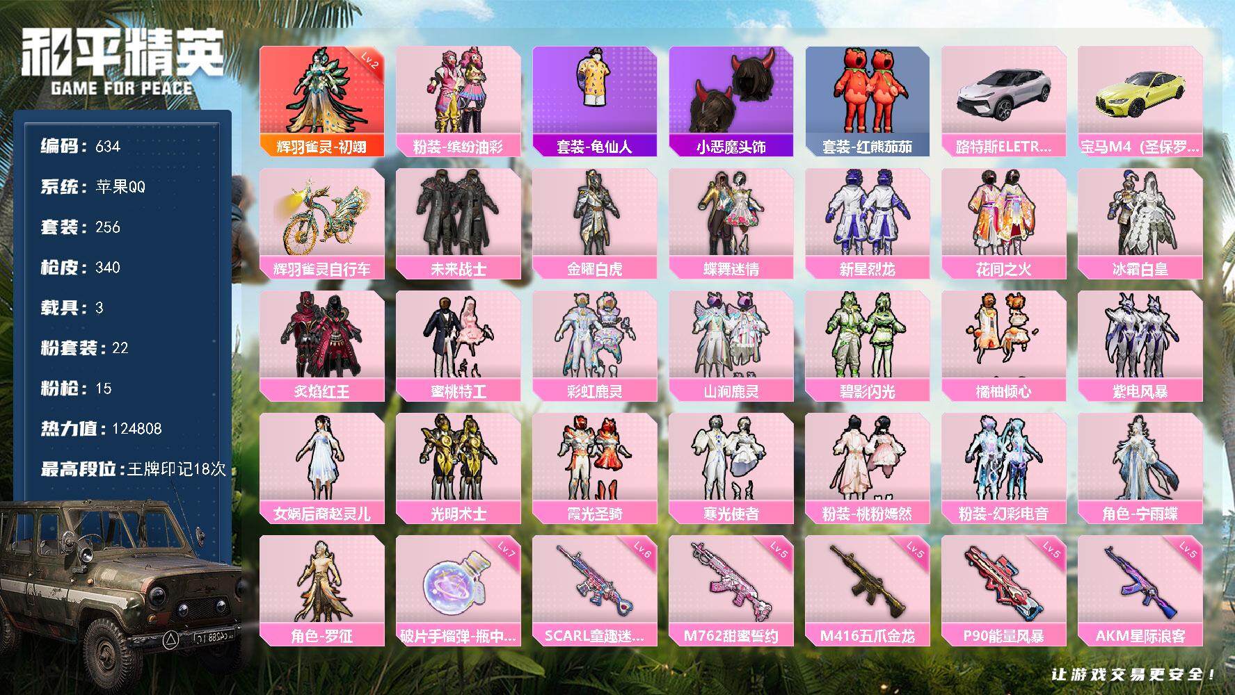 和平精英账号苹果QQ3载具-256套装-340枪皮-256套装/枪械15/装备434/载具3/战备229/王牌印记18/