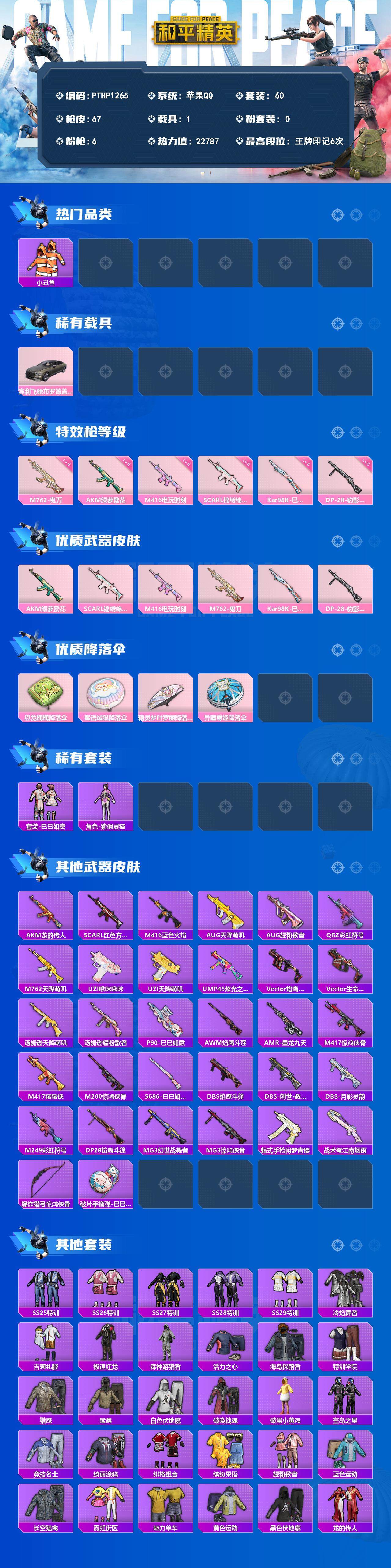 和平精英账号苹果QQ1载具-60套装-67枪皮-【PTHP1265】【特价处理】苹果 手Q-0粉装-6特效枪-1载具-0