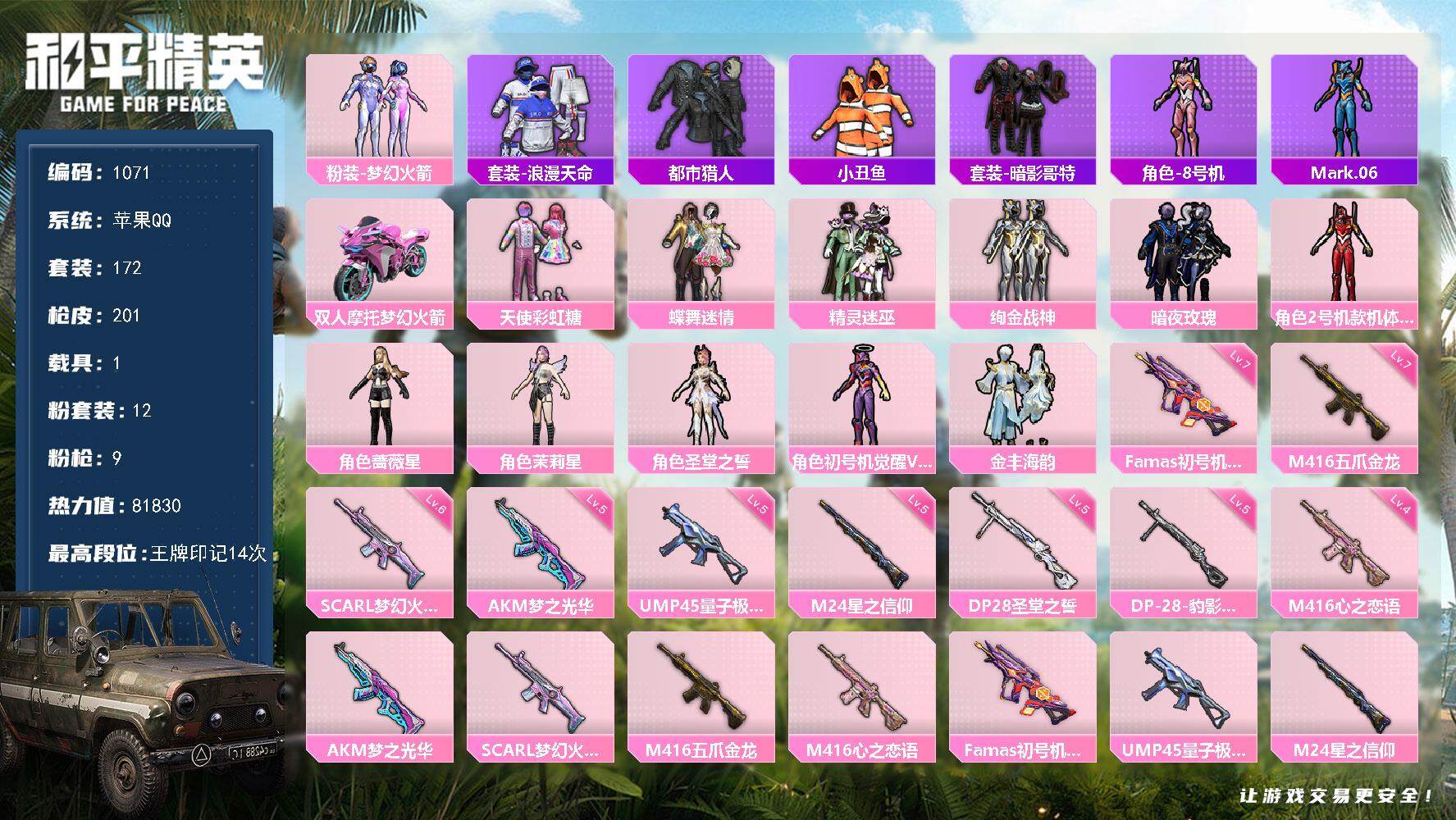 和平精英账号苹果QQ1载具-172套装-201枪皮-172套装/枪械9/装备306/载具1/战备143/王牌印记14/热