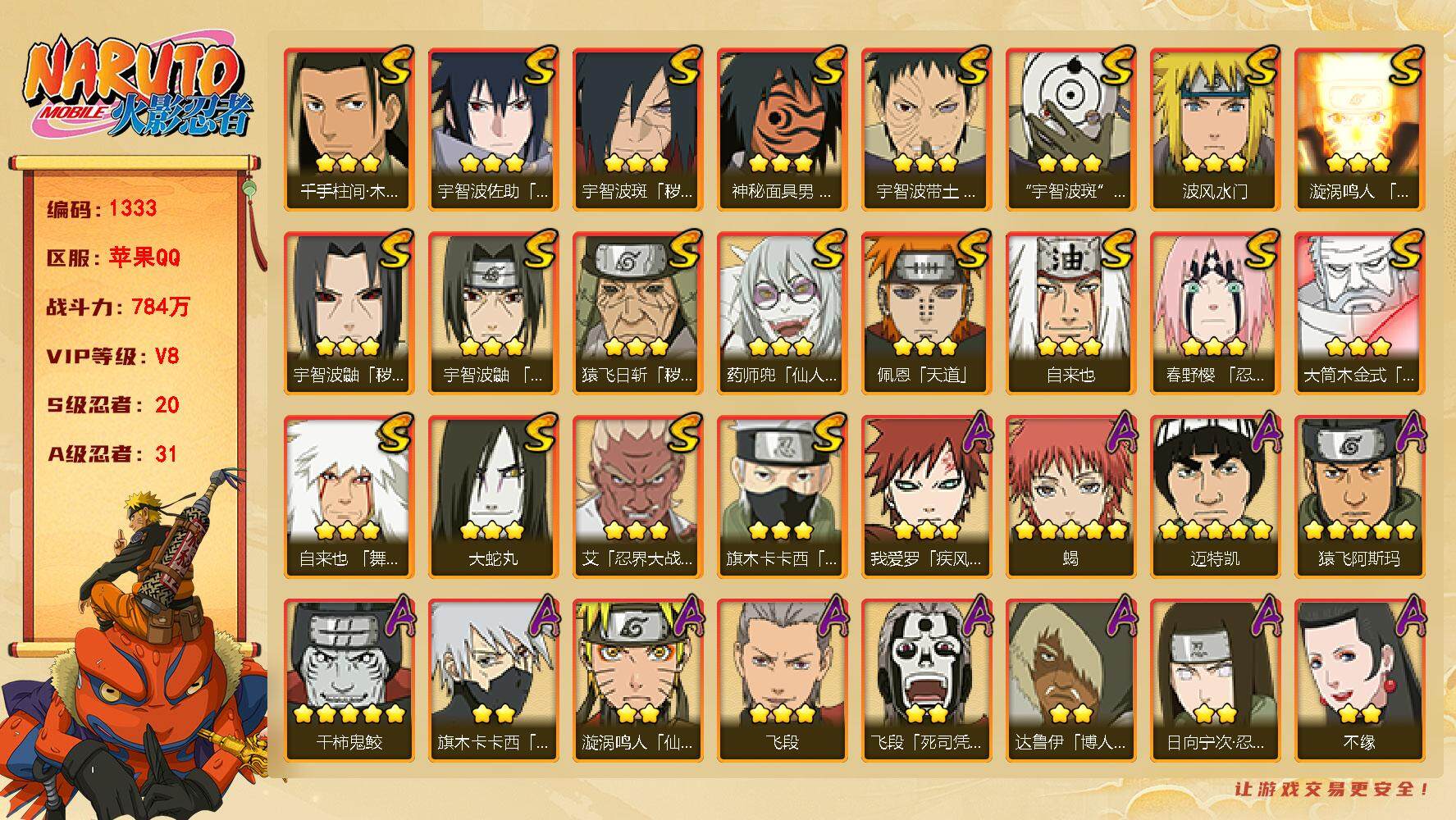 火影忍者账号苹果QQV8 20S 31A 784W战力 罗砂55片 纲手61片 新水门62片（王者连体96皮肤） YY1293
【S级忍者】：猿飞日斩「秽土转生」(3星)，宇智波鼬「秽土转生」(3星)，宇智波斑「秽土转