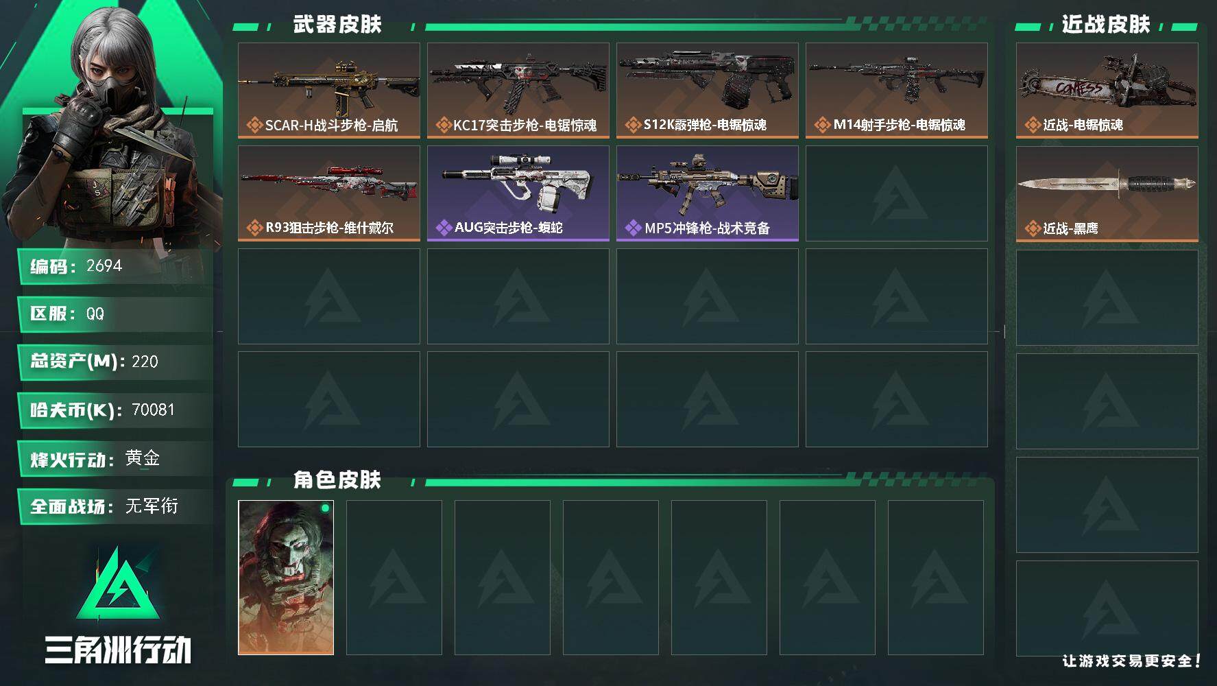 三角洲行动账号QQ总资产(M)：220M/哈夫币(K)：70081K/哈夫币(K)：70081K/全面战场等级：2_段