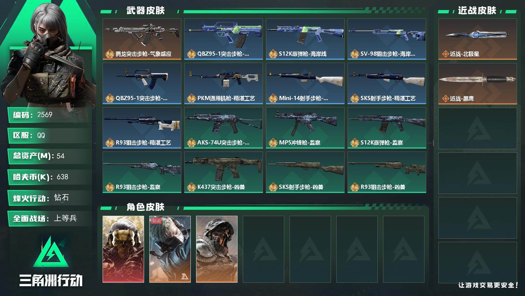 三角洲行动账号QQ总资产(M)：54M/哈夫币(K)：638K/哈夫币(K)：638K/全面战场等级：50_段位：上等