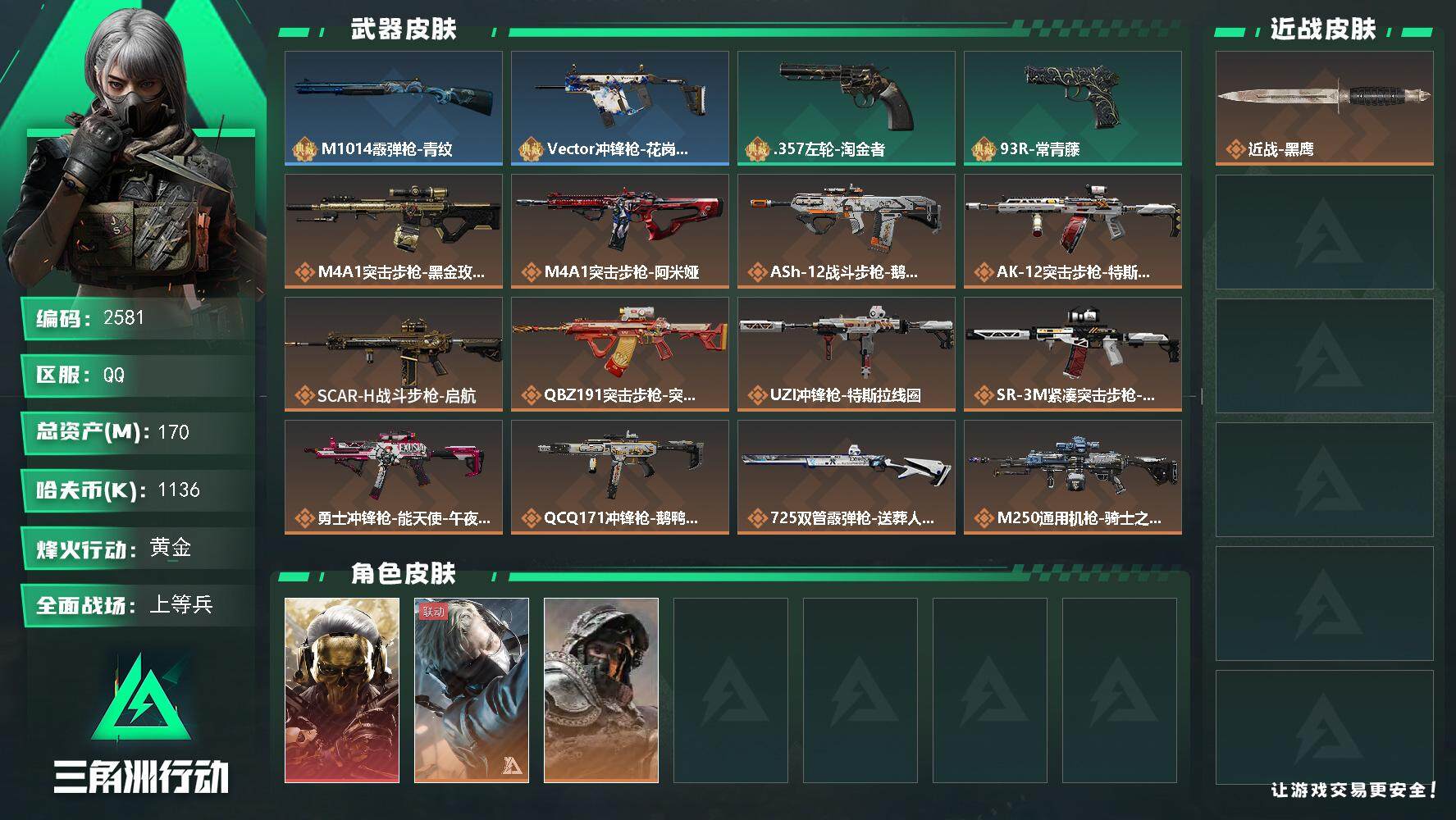 三角洲行动账号QQ总资产(M)：170M/哈夫币(K)：1136K/哈夫币(K)：1136K/全面战场等级：26_段位