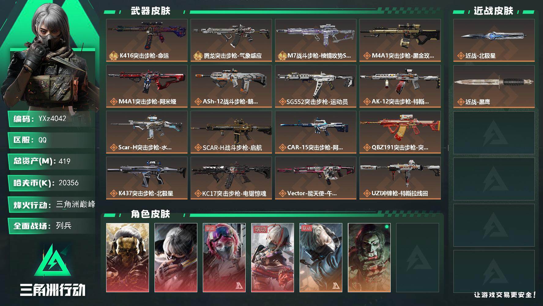 三角洲行动账号QQ【多热门红皮号-北极星热门号-多枪械砖皮号-S7赛季3x3-高额资产419M-满体满负，四红+北极星