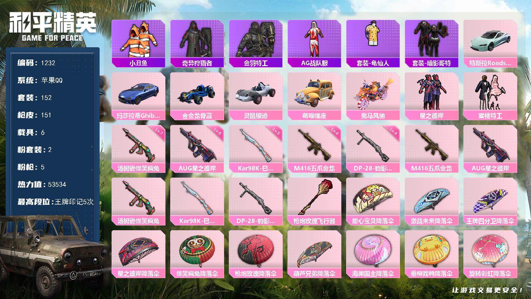 和平精英账号苹果QQ6载具-152套装-151枪皮-152套装/枪械5/装备145/载具6/战备87/王牌印记5/热力值