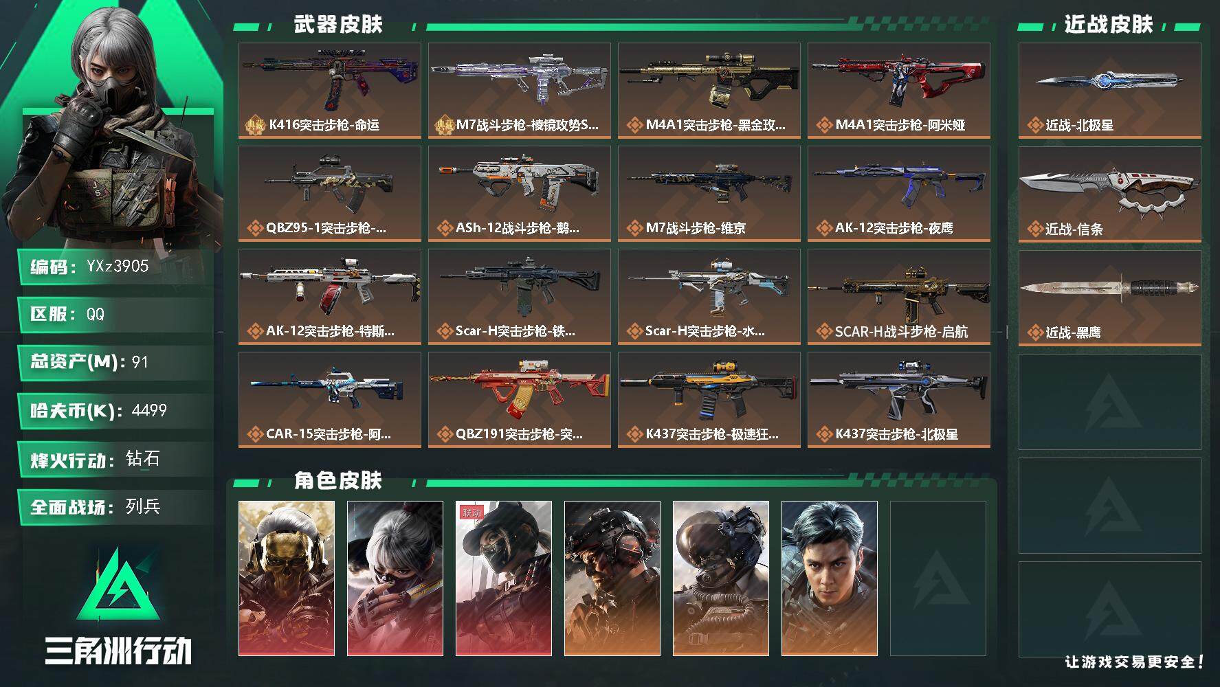 三角洲行动账号QQ【高氪金土豪号-三红皮+二刀皮+二典藏皮肤+铁面判官+飞虎】【北极星.信条.蚀金玫瑰.水墨云图.黑天