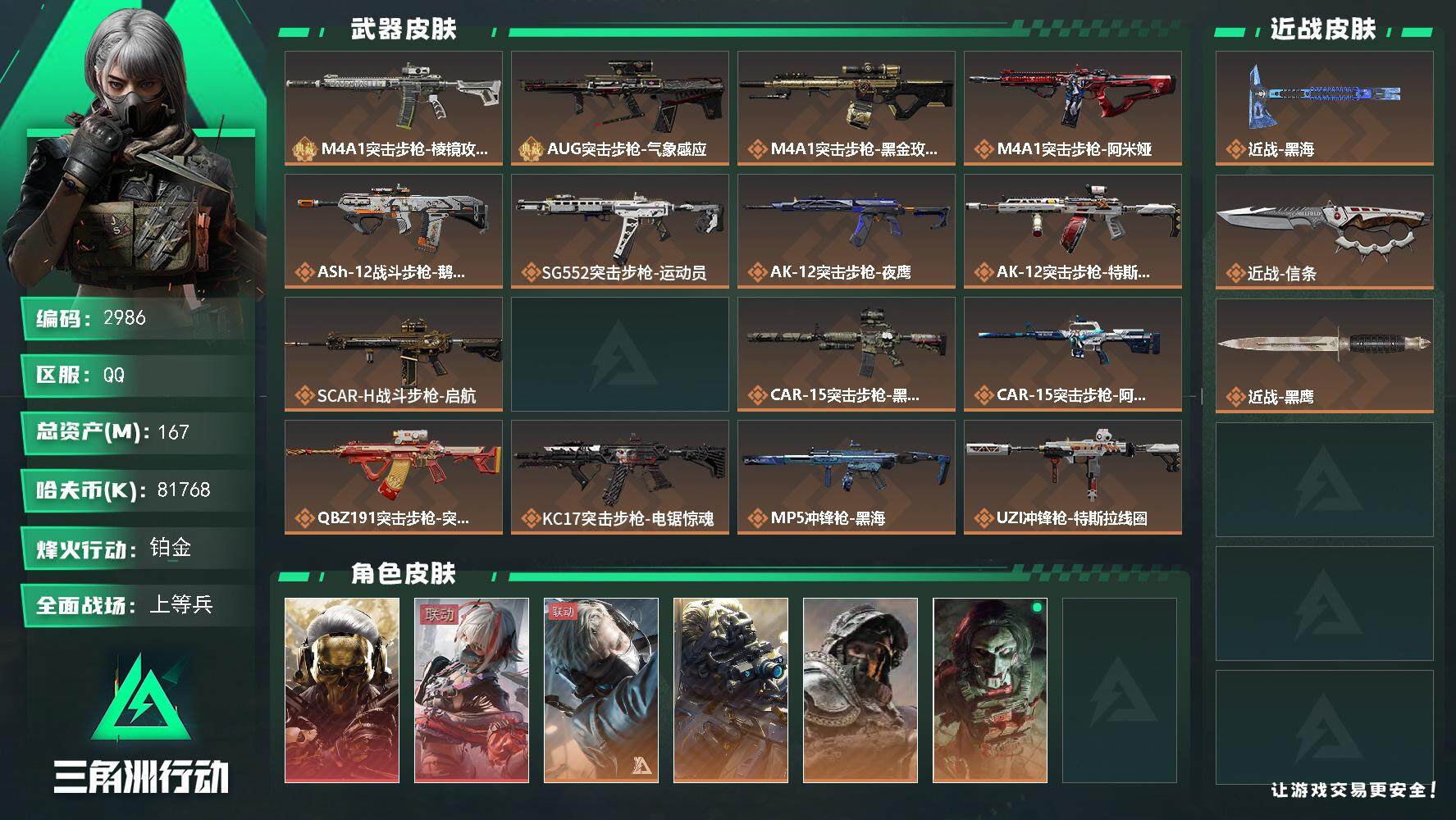 三角洲行动账号QQ总资产(M)：167M/哈夫币(K)：81768K/哈夫币(K)：81768K/全面战场等级：43_