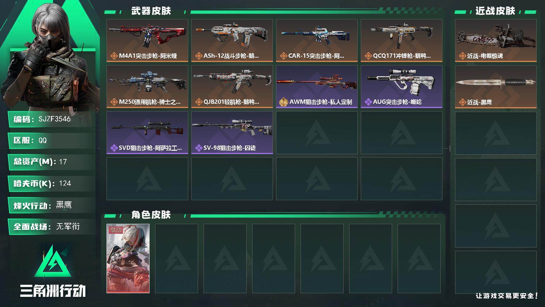 三角洲行动账号QQ【SJZF3546】总资产(M)：17M/哈夫币(K)：124K/哈夫币(K)：124K/全面战场等