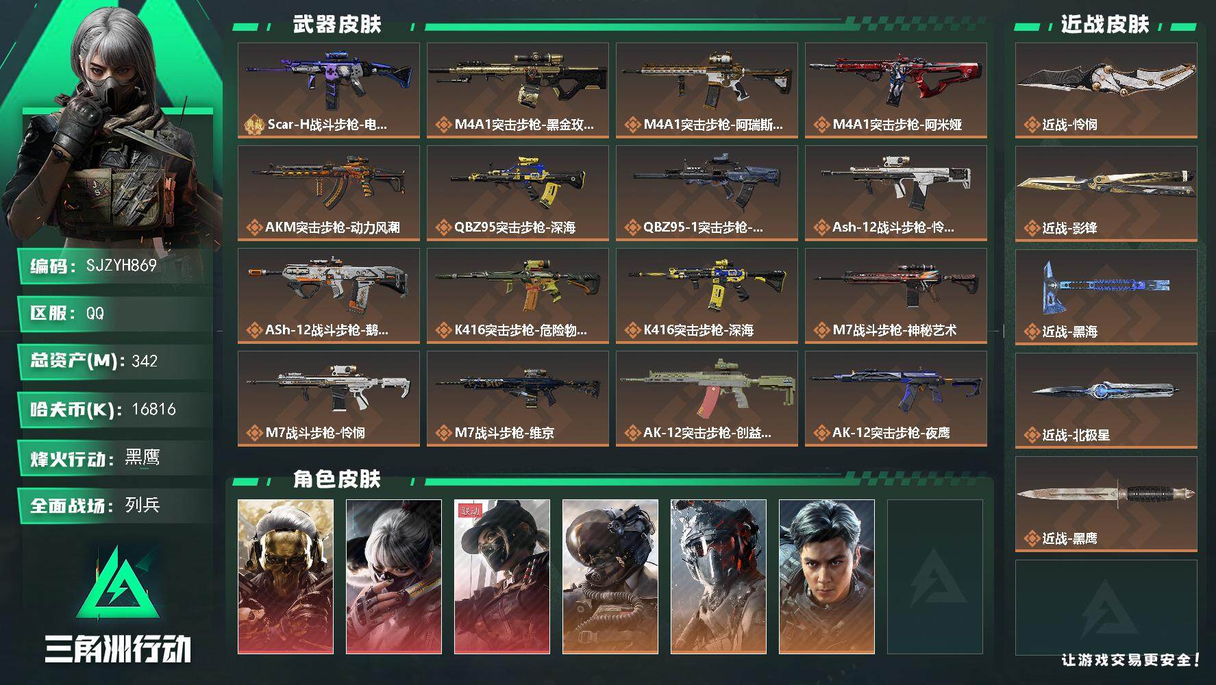 三角洲行动账号QQ【SJZYH869】总资产(M)：342M/哈夫币(K)：16816K/哈夫币(K)：16816K/