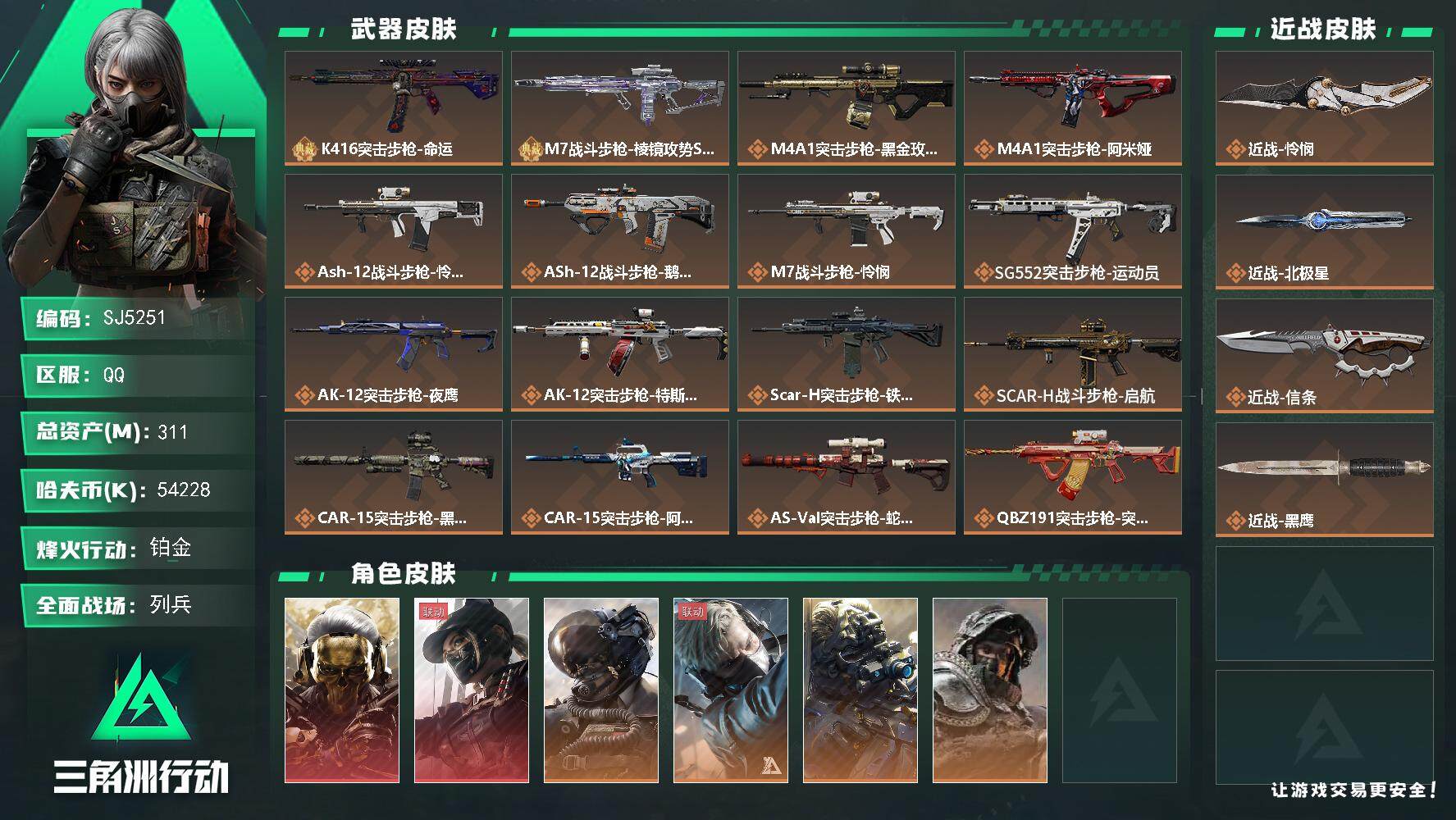 三角洲行动账号QQ【SJ5251】总资产(M)：311M/哈夫币(K)：54228K/哈夫币(K)：54228K/全面