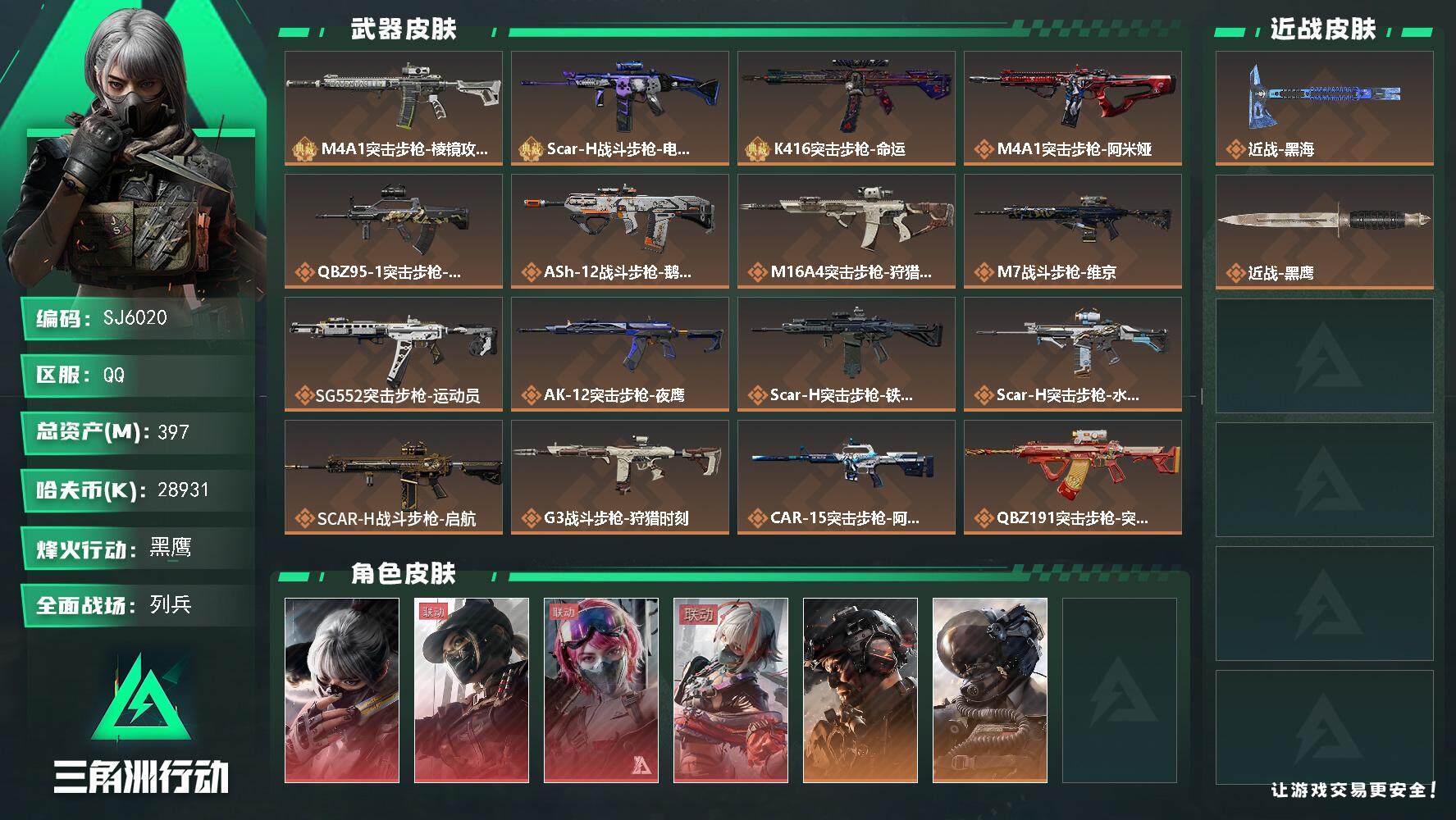 三角洲行动账号QQ【SJ6020】总资产(M)：397M/哈夫币(K)：28931K/哈夫币(K)：28931K/全面战场等级：47_段位：列兵/烽火地带等级：60_段位：黑鹰/骇爪-水墨云图/露娜-黑·天际线/蛊-