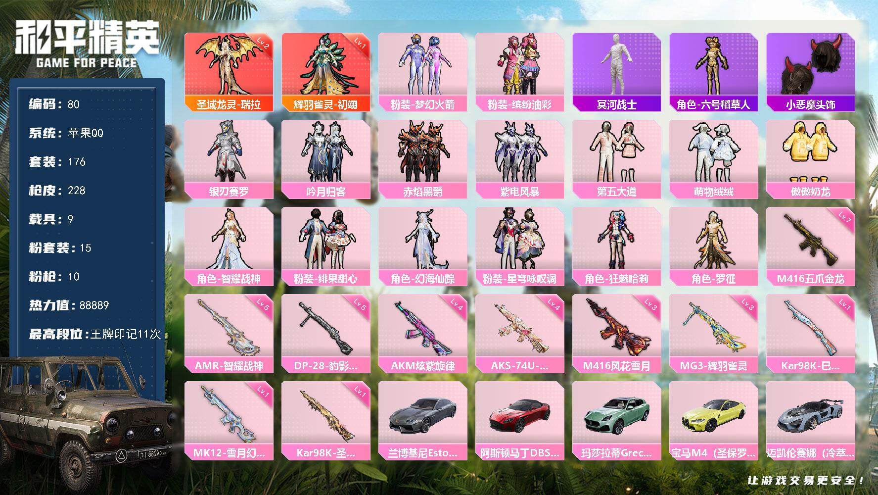 和平精英账号苹果QQ9载具-176套装-228枪皮-身法素材号【特价急出/详情看图】有二次-苹果-2红装-15粉装-10