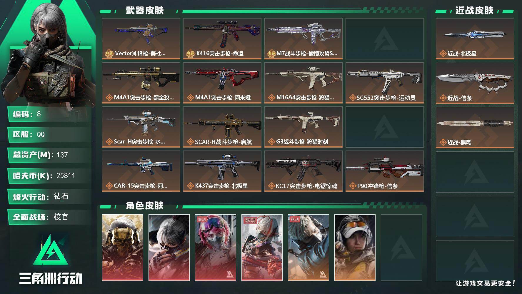 三角洲行动账号QQ137m总资产-25811k哈伏币-60烽火等级-钻石-50战场等级-校官
【干员外观】：红狼-蚀金