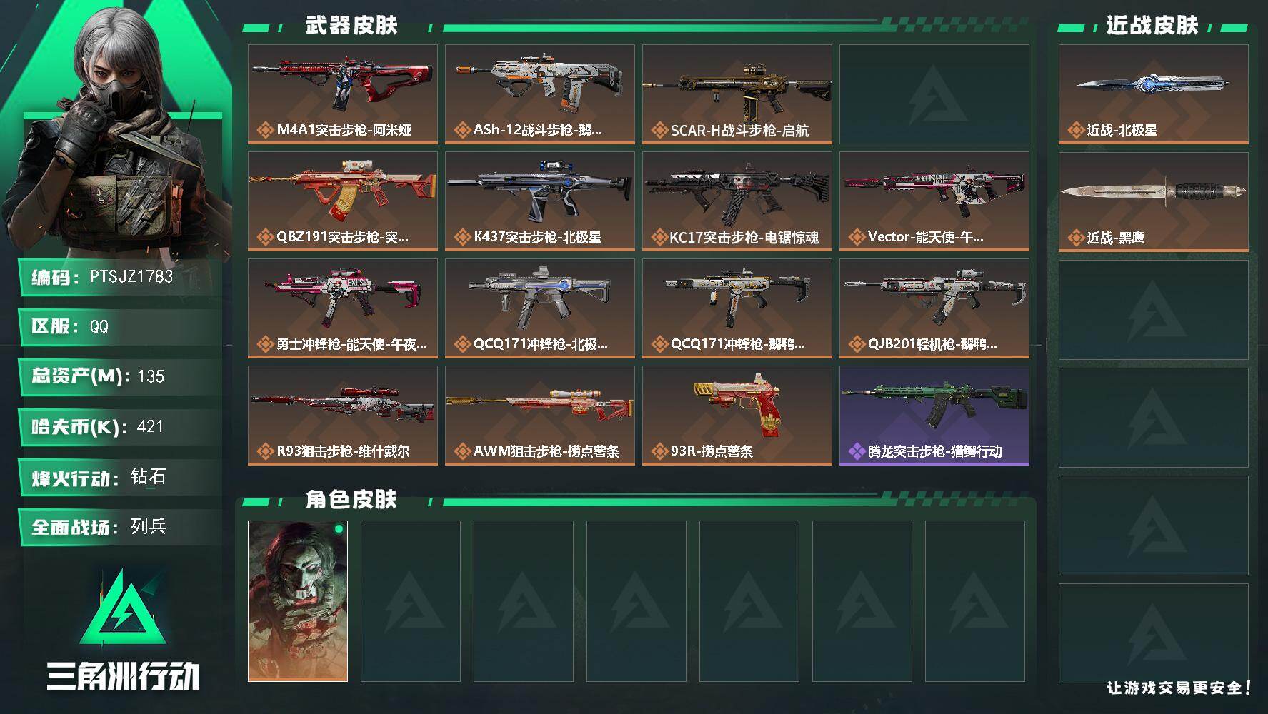 三角洲行动账号QQ【PTSJZ1783】总资产(M)：135M/哈夫币(K)：421K/哈夫币(K)：421K/传说枪