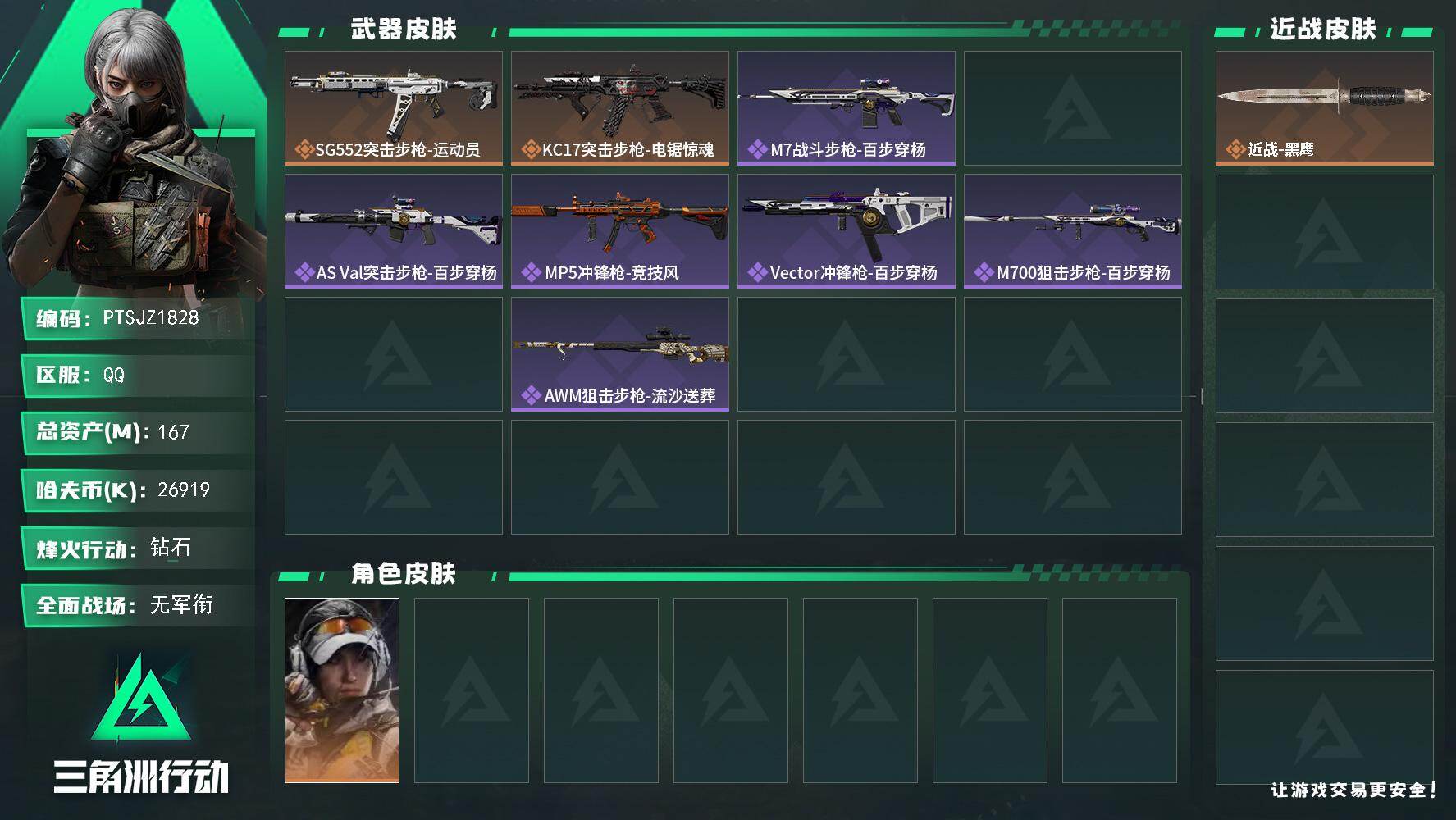 三角洲行动账号QQ【PTSJZ1828】总资产(M)：167M/哈夫币(K)：26919K/哈夫币(K)：26919K