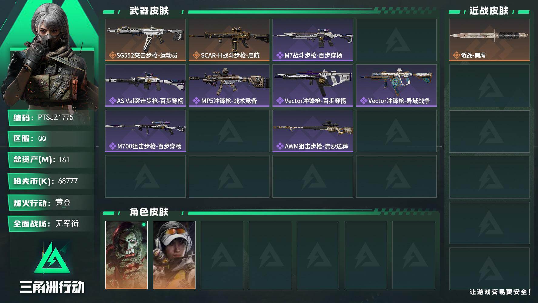 三角洲行动账号QQ【PTSJZ1775】总资产(M)：161M/哈夫币(K)：68777K/哈夫币(K)：68777K