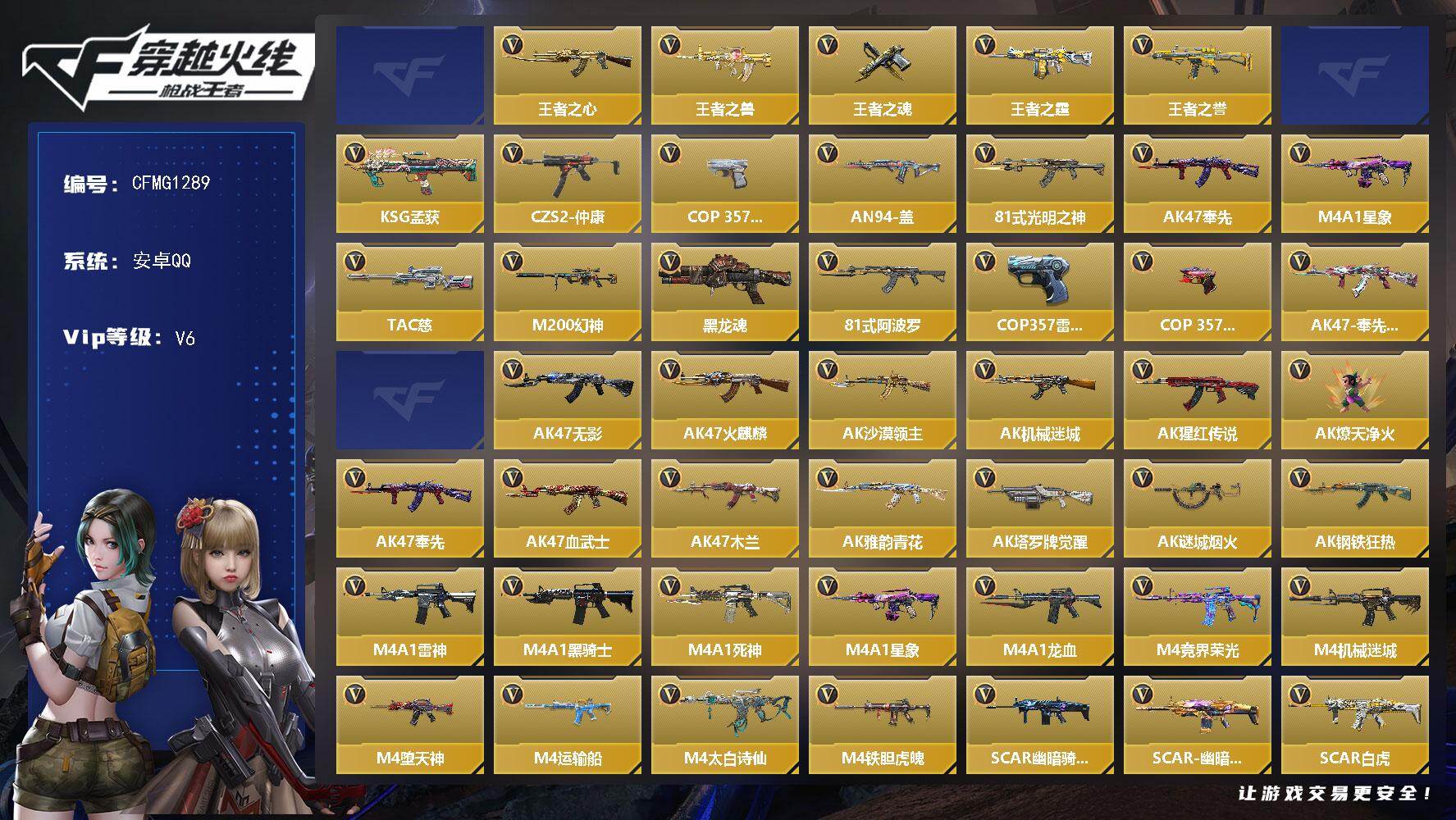 枪战王者账号安卓QQ【CFMG1289】VIP6/274V/仲康套/王者之心/王者之兽/王者之魂/王者之霆/王者之誉/王