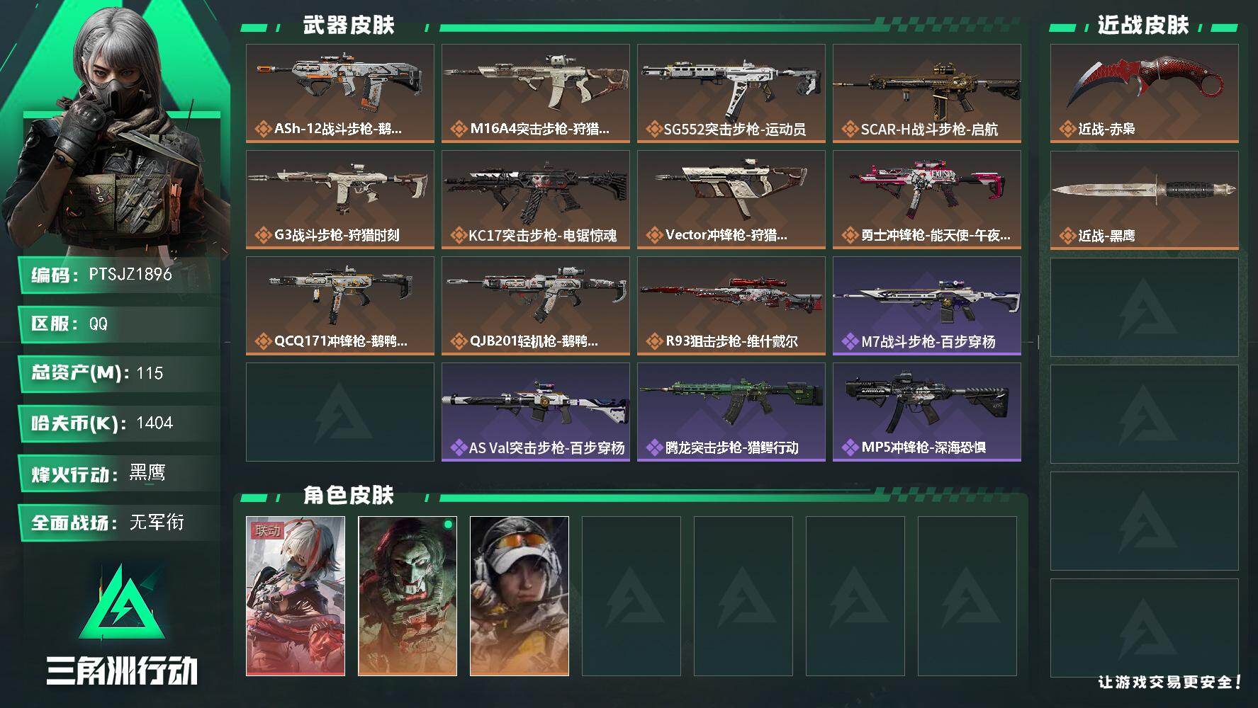 三角洲行动账号QQ【PTSJZ1896】总资产(M)：115M/哈夫币(K)：1404K/哈夫币(K)：1404K/传