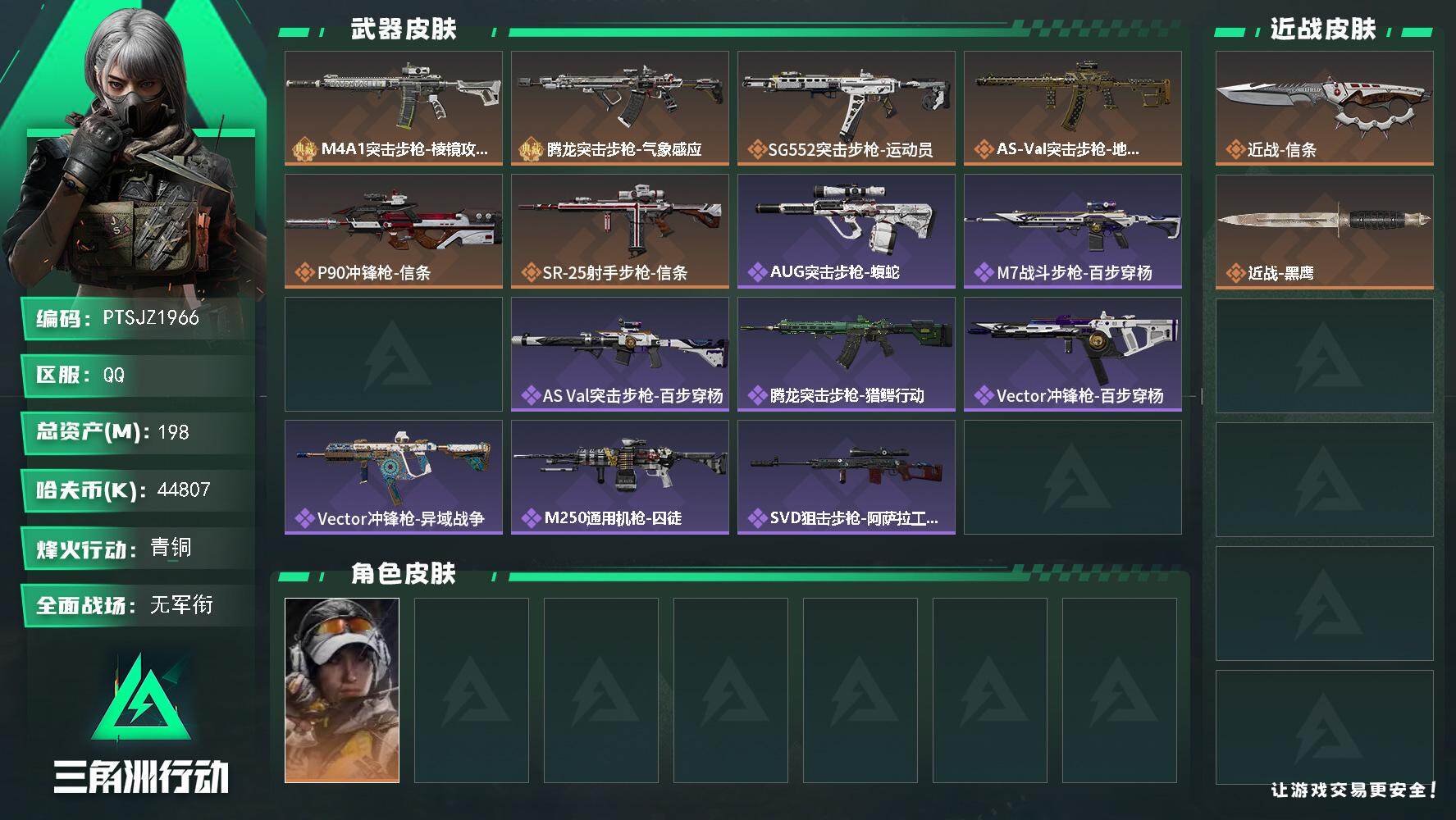 三角洲行动账号QQ【PTSJZ1966】总资产(M)：198M/哈夫币(K)：44807K/哈夫币(K)：44807K