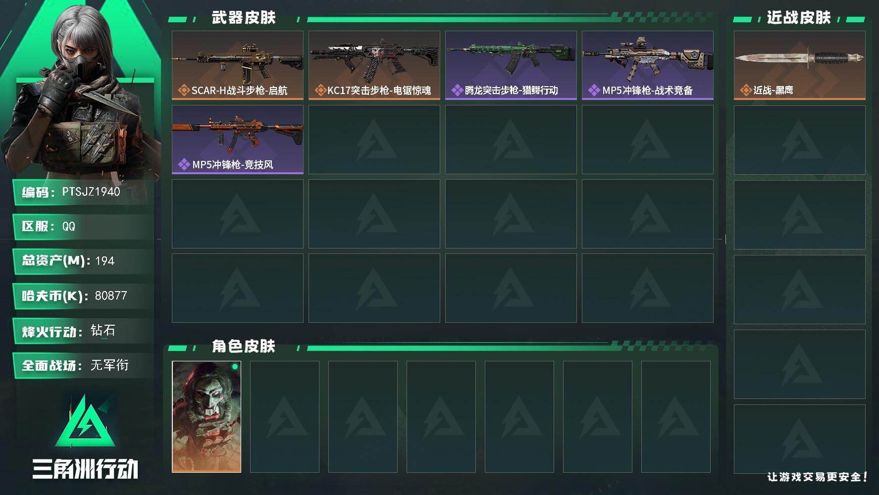 三角洲行动账号QQ【PTSJZ1940】总资产(M)：194M/哈夫币(K)：80877K/哈夫币(K)：80877K