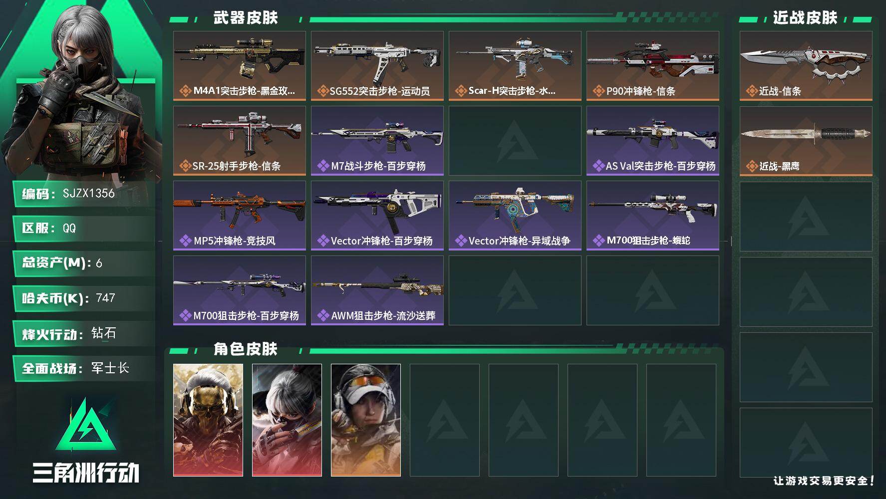 三角洲行动账号QQ【SJZX1356】总资产(M)：6M/哈夫币(K)：747K/哈夫币(K)：747K/传说枪皮数：