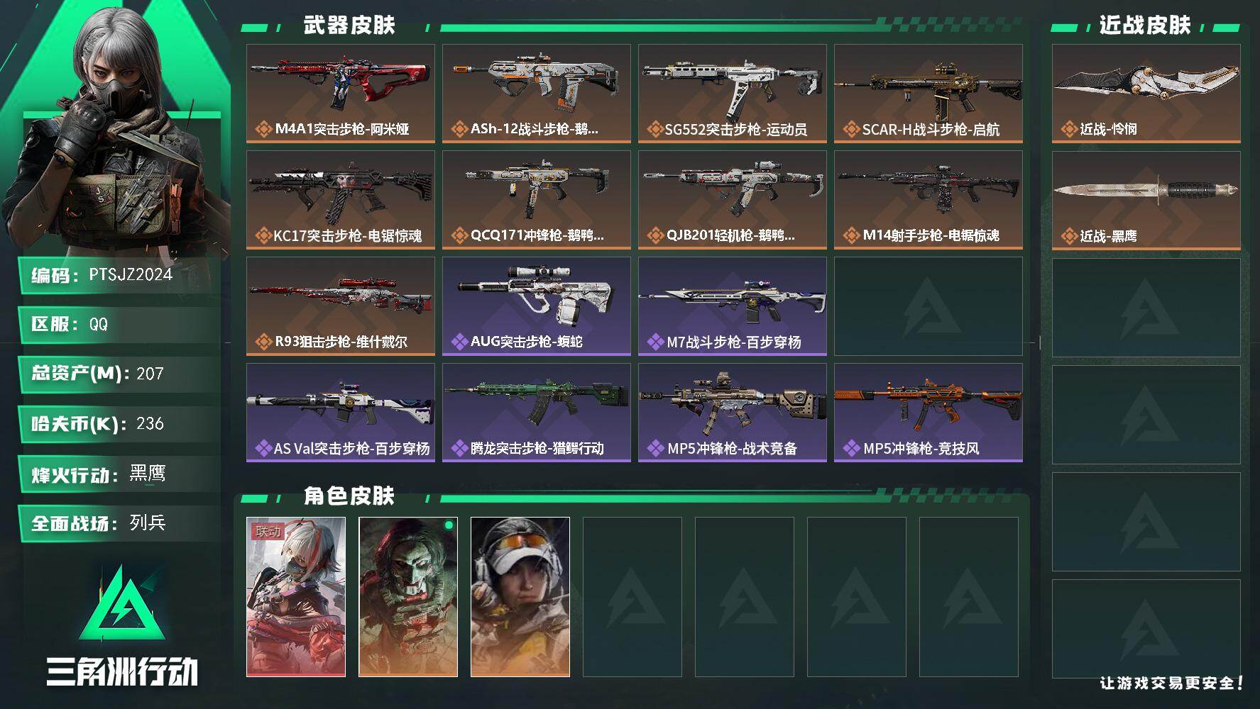 三角洲行动账号QQ【PTSJZ2024】总资产(M)：207M/哈夫币(K)：236K/哈夫币(K)：236K/传说枪