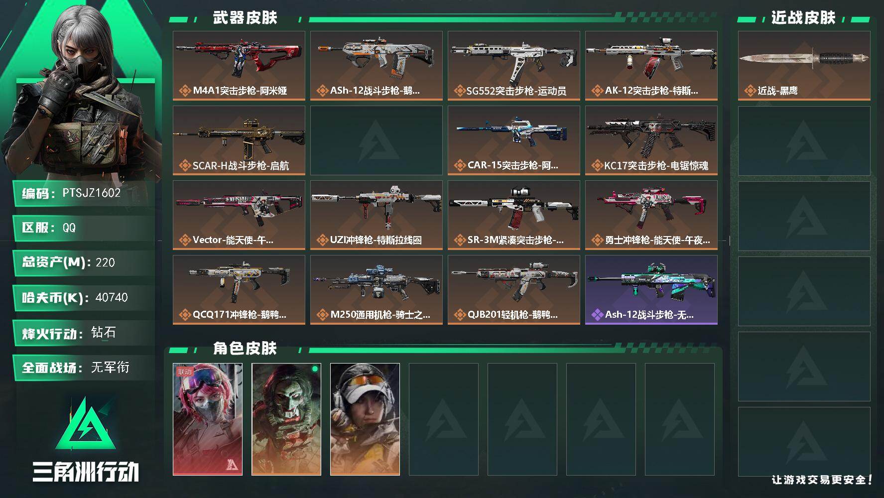 三角洲行动账号QQ【PTSJZ1602】总资产(M)：220M/哈夫币(K)：40740K/哈夫币(K)：40740K